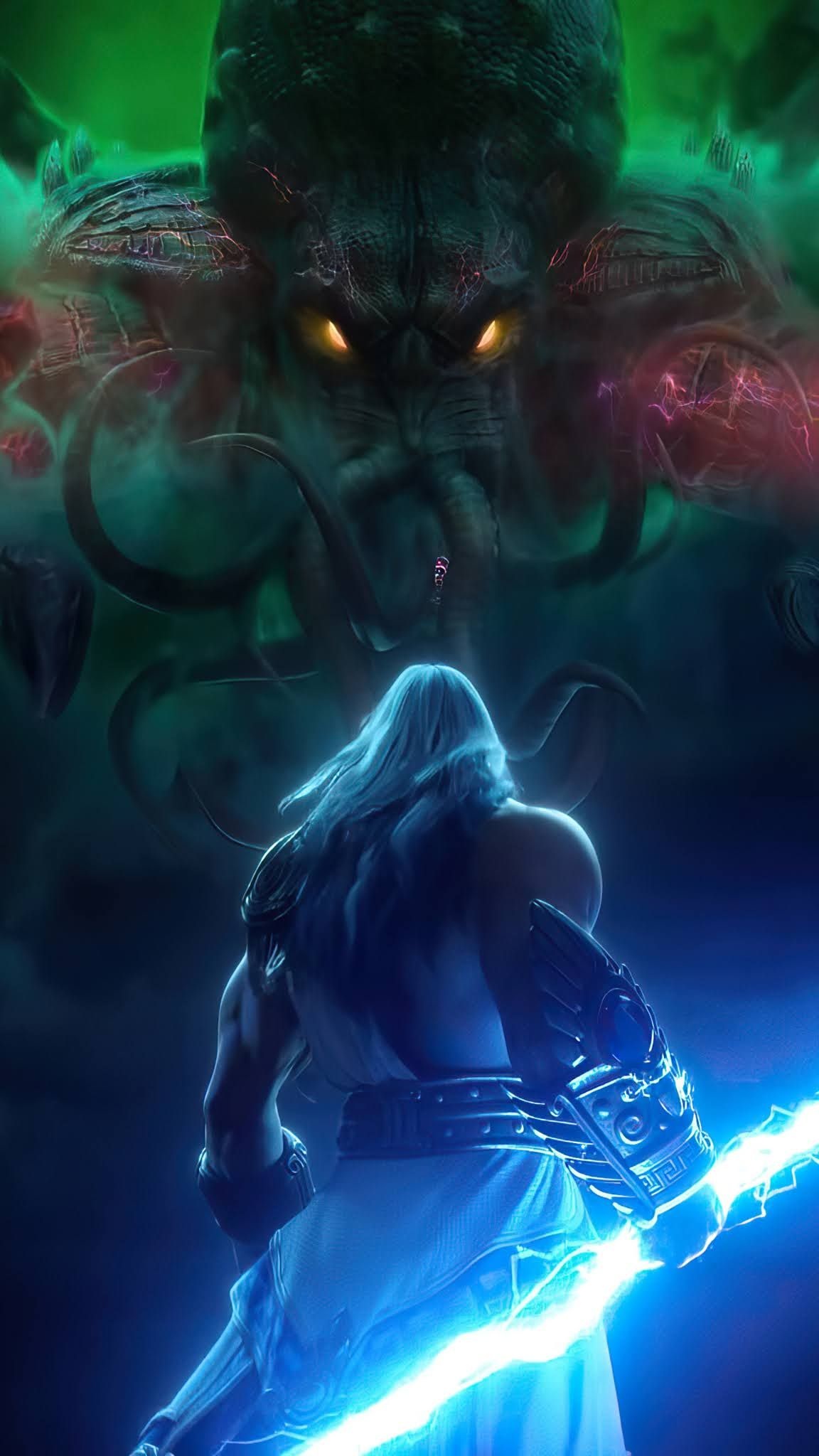 Zeus vs cthulhu, Mobile HD wallpaper, God of thunder, Epic battle, 1160x2050 HD Phone