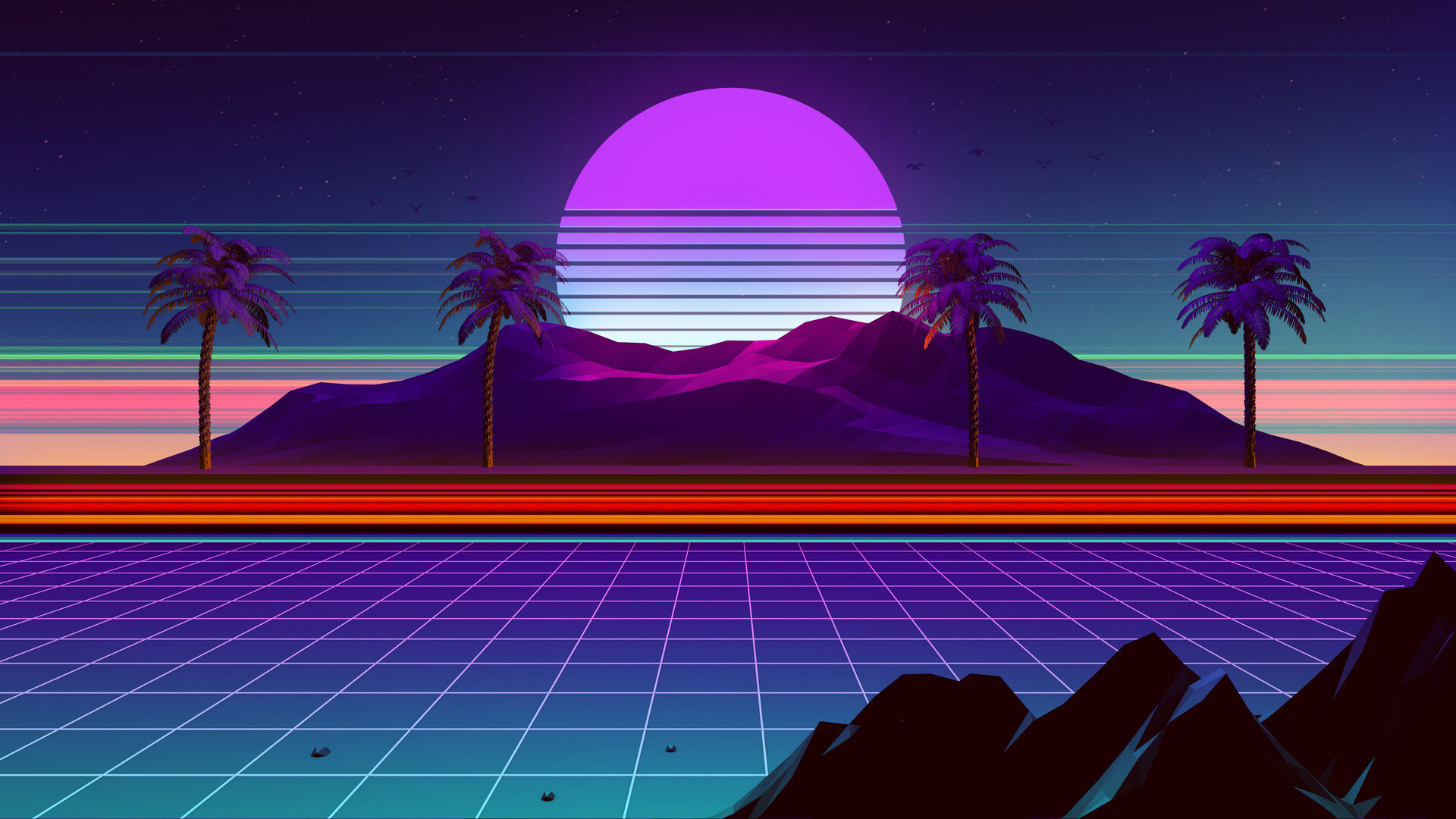 Palm trees, Neon sun rays, 80s, 1920x1080 Full HD Desktop