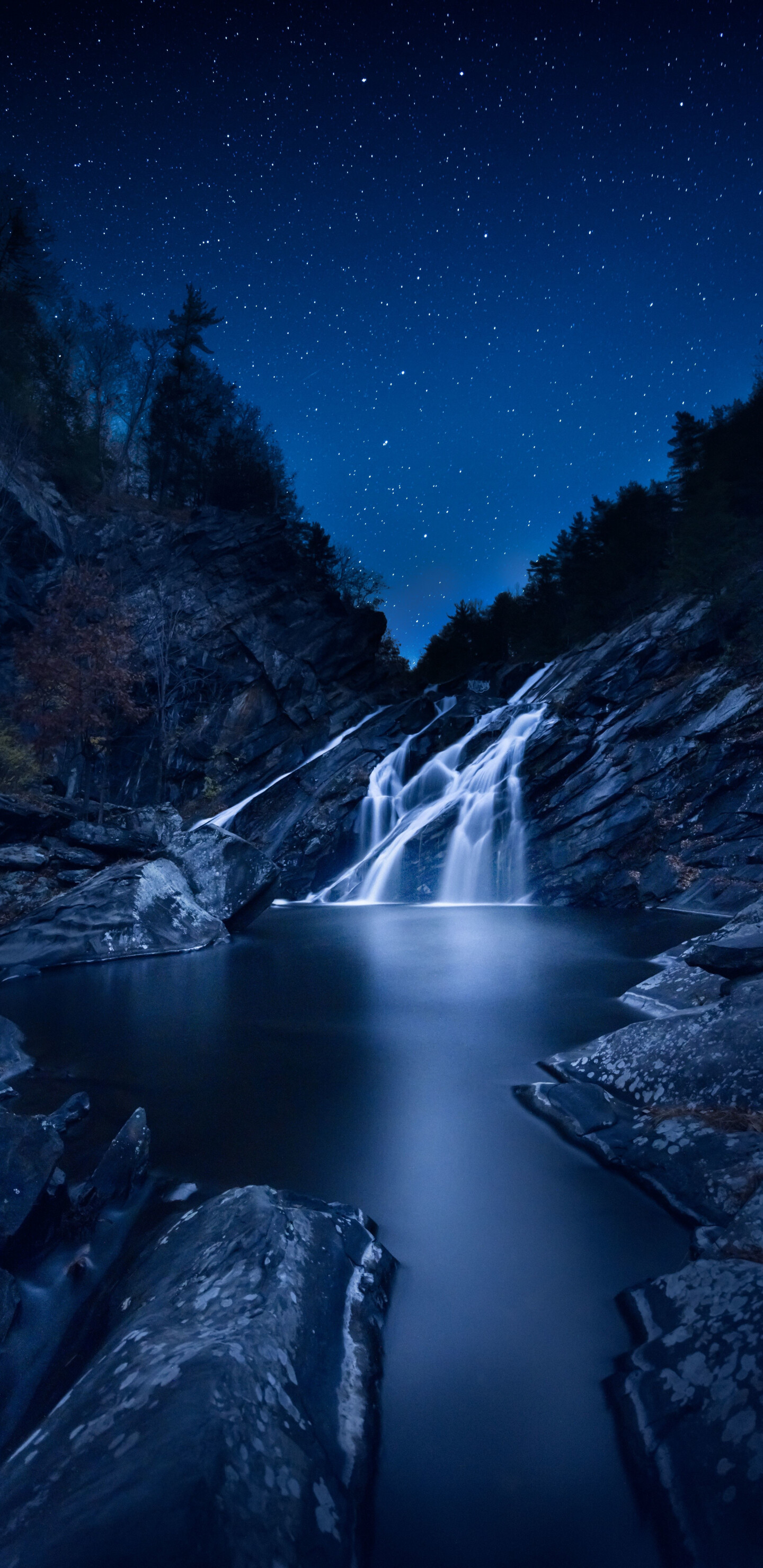 Starry sky night, Waterfall ambiance, Serene stones, HD image, 1440x2960 HD Phone