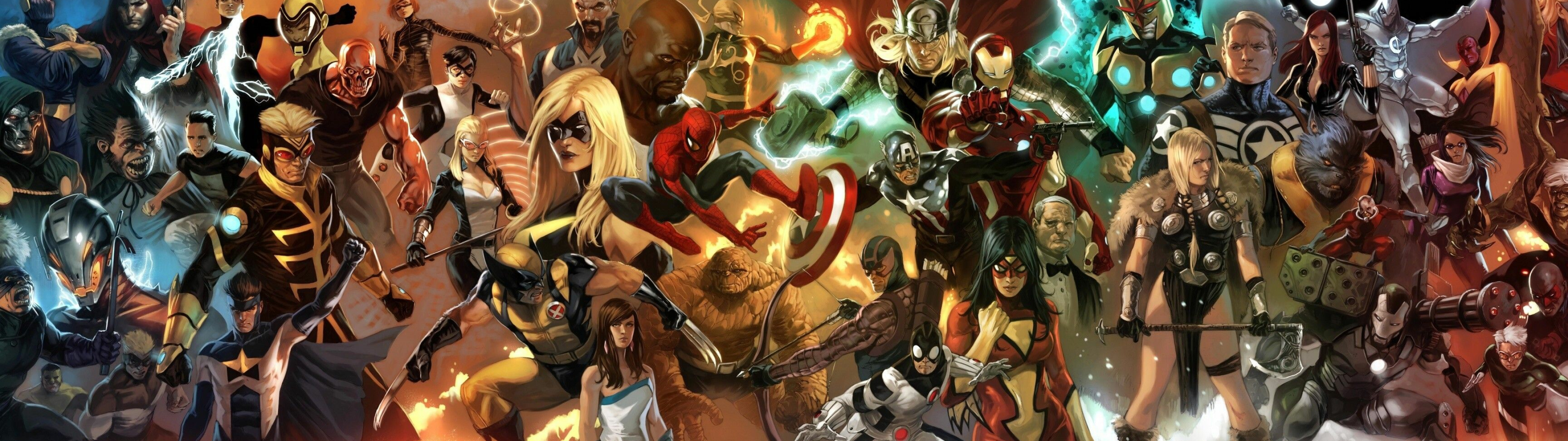 Marvel triple monitor, High-quality wallpapers, Multi-screen setup, Epic superhero images, 3840x1080 Dual Screen Desktop