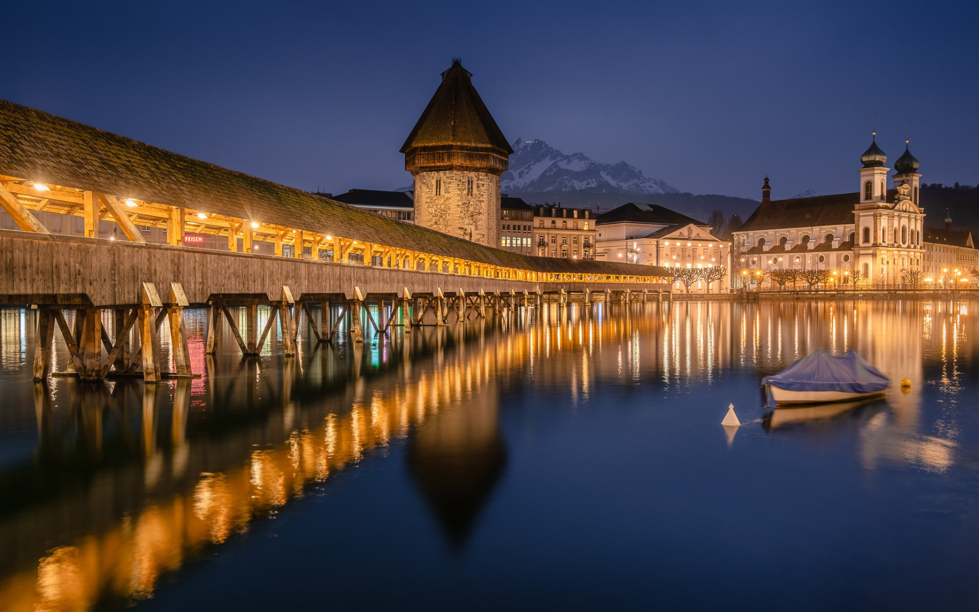 Jesuit Church, Lucerne evening, Sunset Reuss River, Lucerne cityscape, 1920x1200 HD Desktop