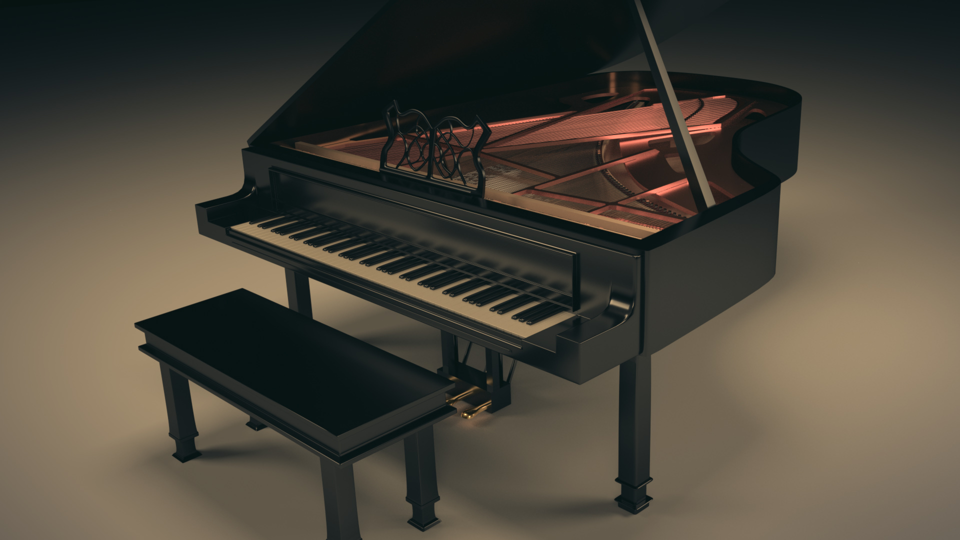 grand piano, artistic critique, 3D rendering, realistic representation, 1920x1080 Full HD Desktop