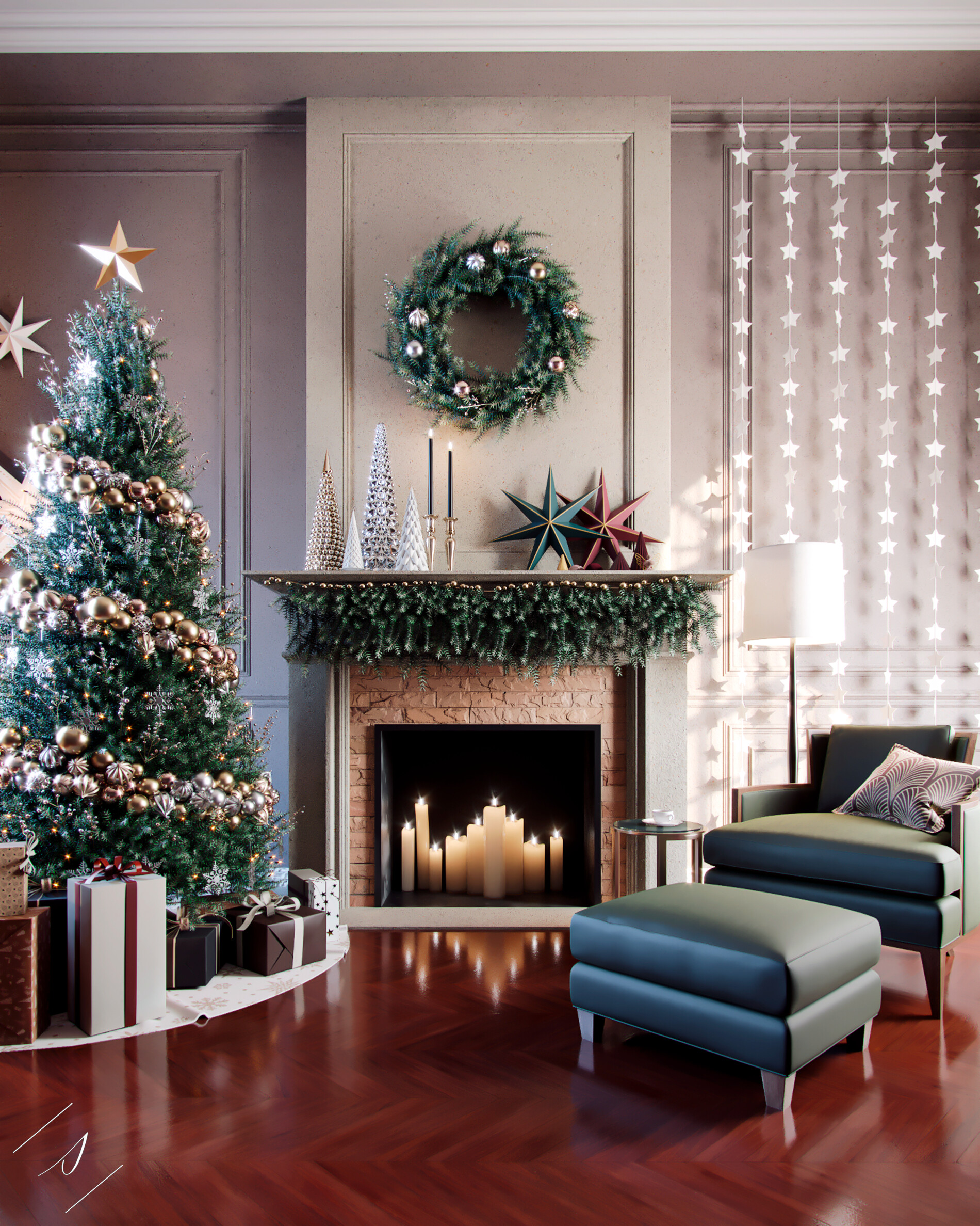 Christmas Fireplace, 3D rendering, Festive 3ds max scene, Architectural visualization, 1900x2380 HD Phone