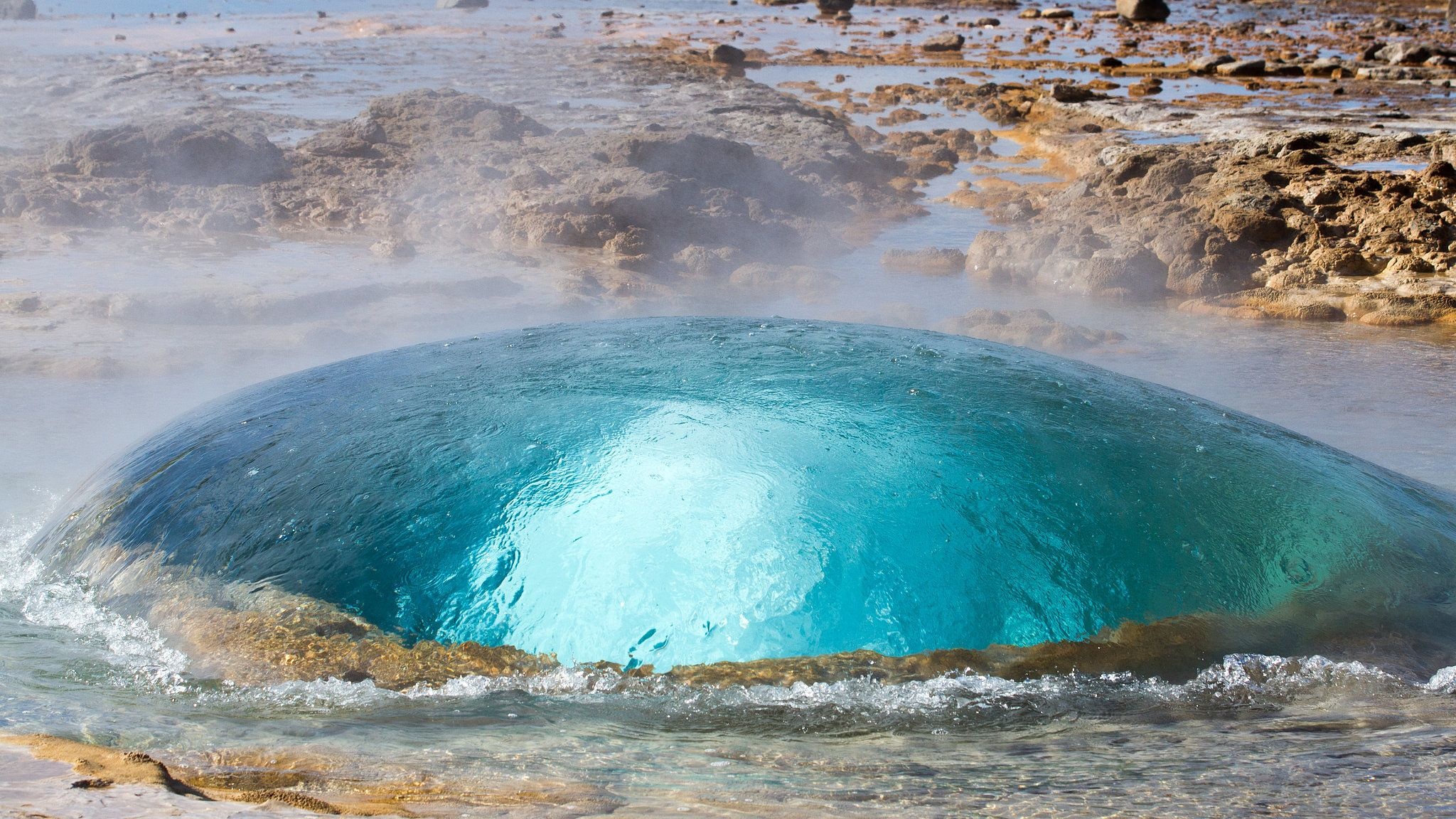 Strokkur geyser, Iceland destinations, Unique travel, Geysir, 2050x1160 HD Desktop