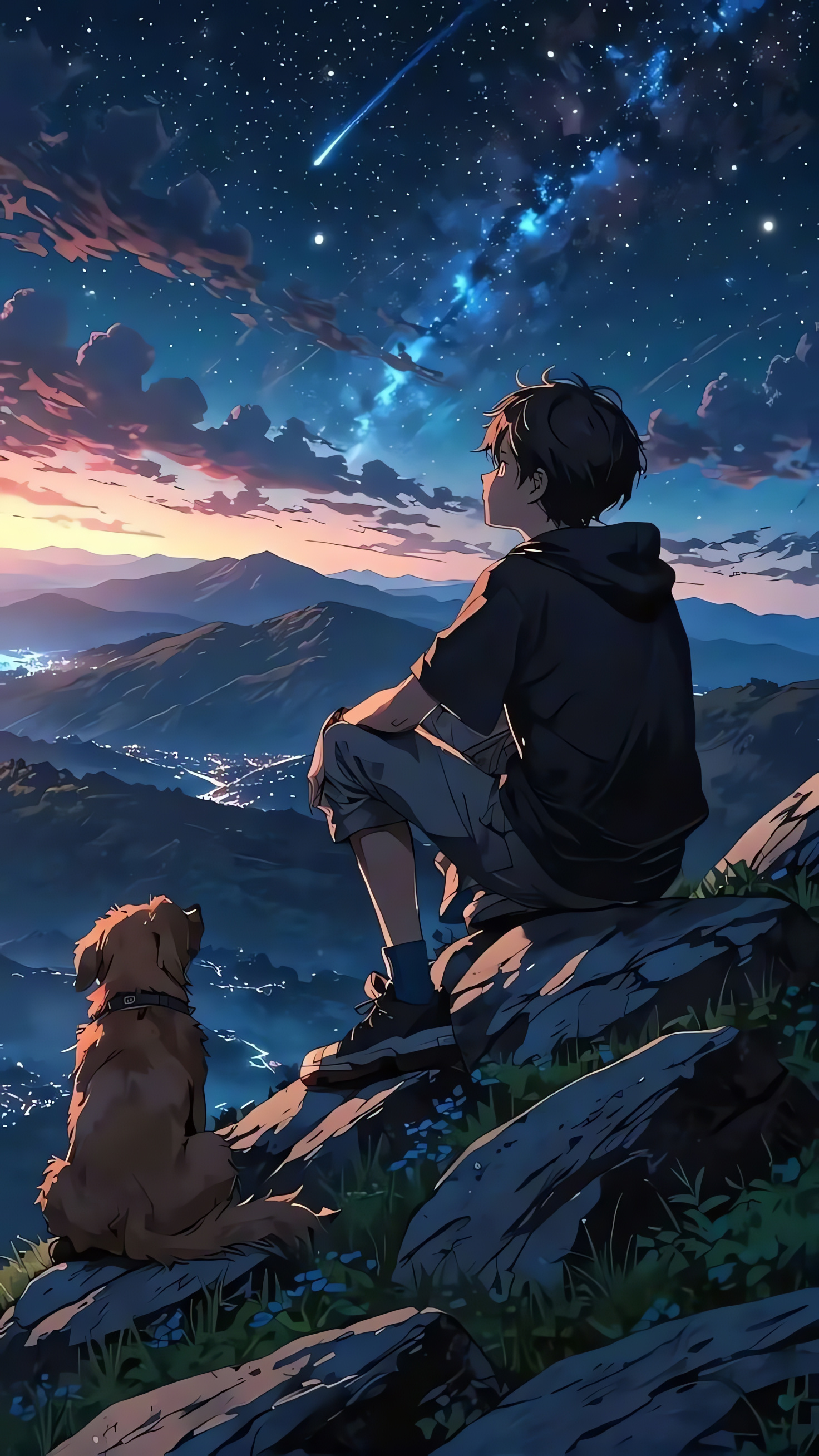 Boy With Dog, Starry Sky, Two Friends, Falling Star Background, Mountain Landcape, HD