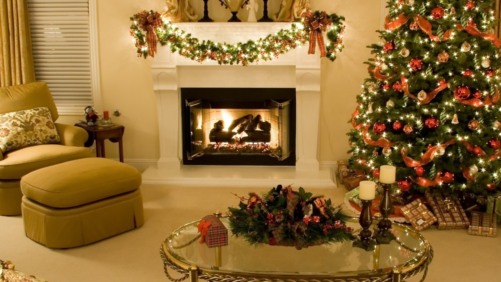 Fireplace burner, Christmas tree ambiance, Room full of warmth, HD wallpapers, 1920x1080 Full HD Desktop