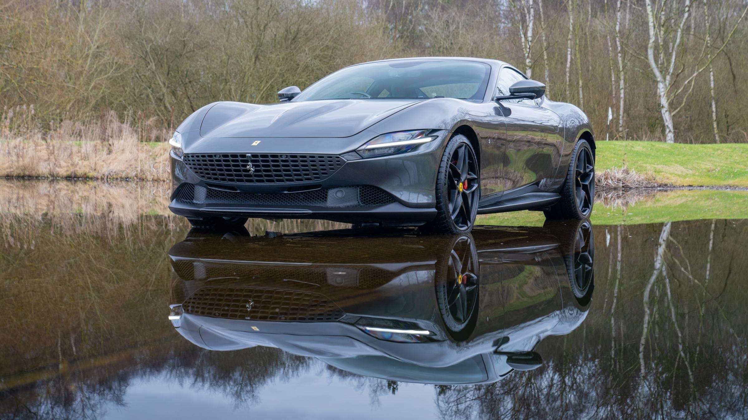 Ferrari Roma, Pristine elegance, Silvery enchantment, Captivating journey, 2400x1350 HD Desktop