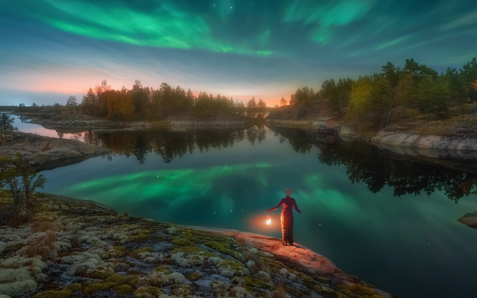 Ladoga Lake, Aurora polaris lake, Ladoga rocks trees, Karelia Russia, 1920x1200 HD Desktop