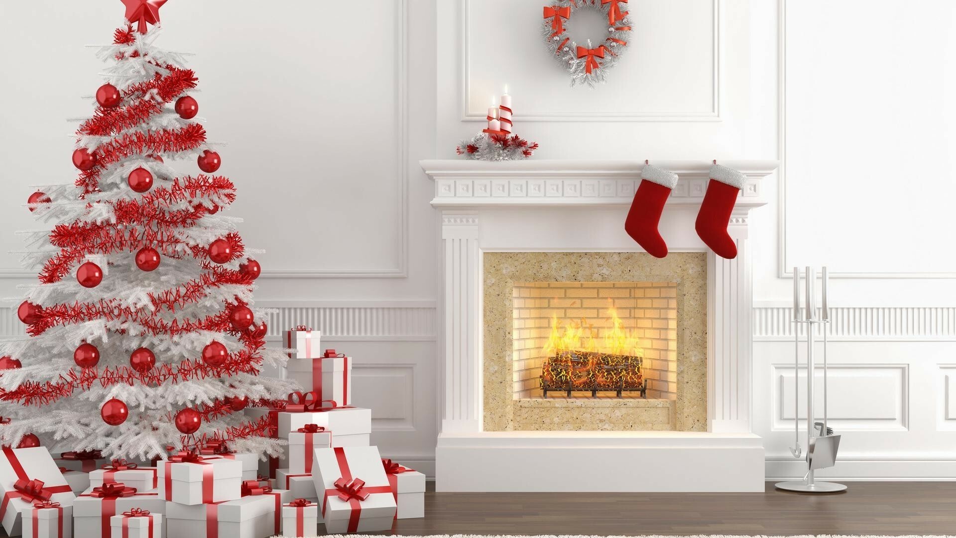 Red and white Christmas style, Fireplace and tree, Mountain of gifts, Festive wallpaper, 1920x1080 Full HD Desktop