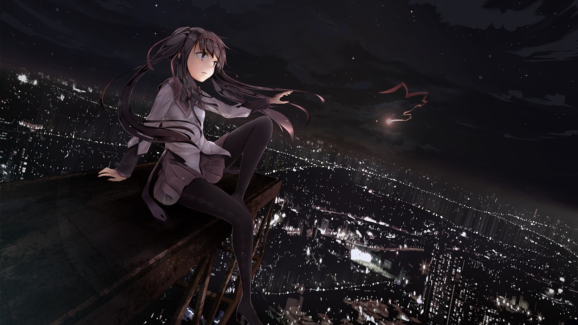 Madoka Magica anime, Night stars, Ribbons, Homura, 1920x1080 Full HD Desktop