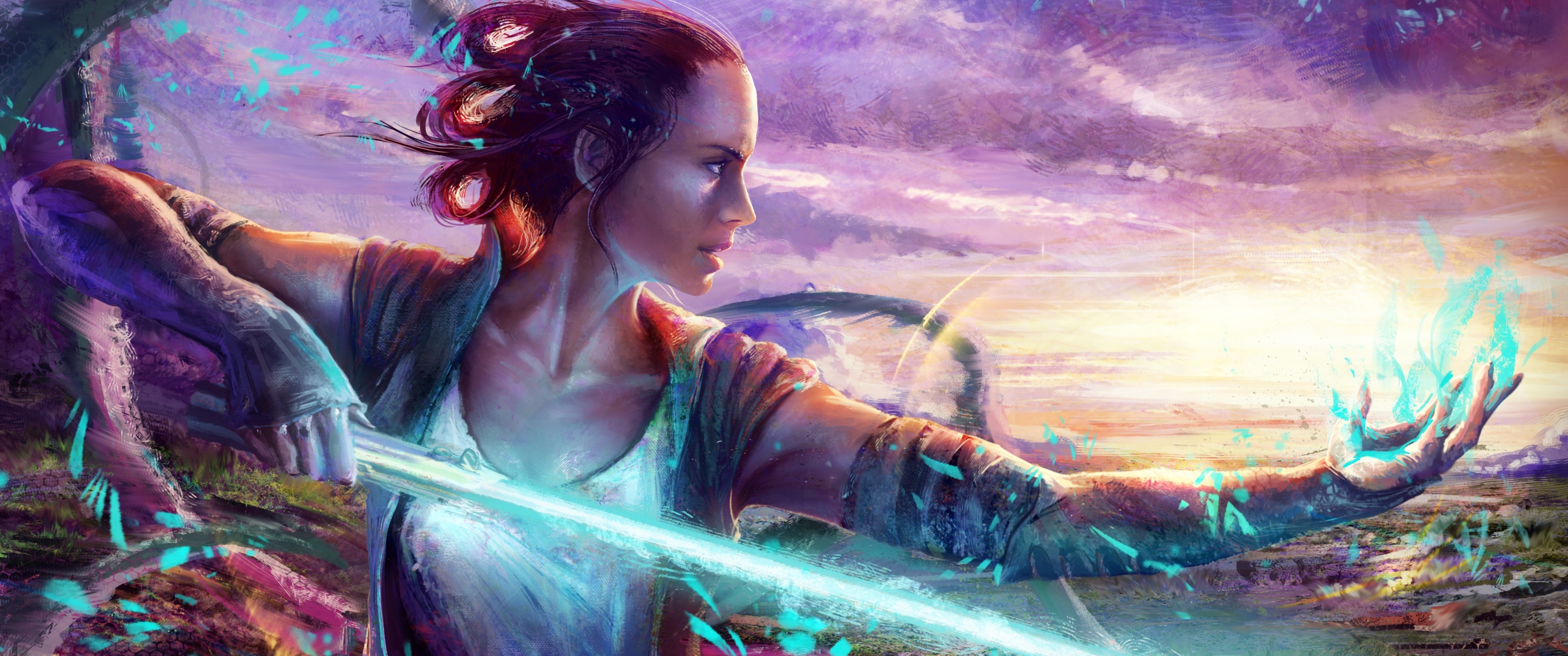 Rey (Star Wars), 4K Star Wars wallpaper, The Force Awakens, Movie character, 3440x1440 Dual Screen Desktop