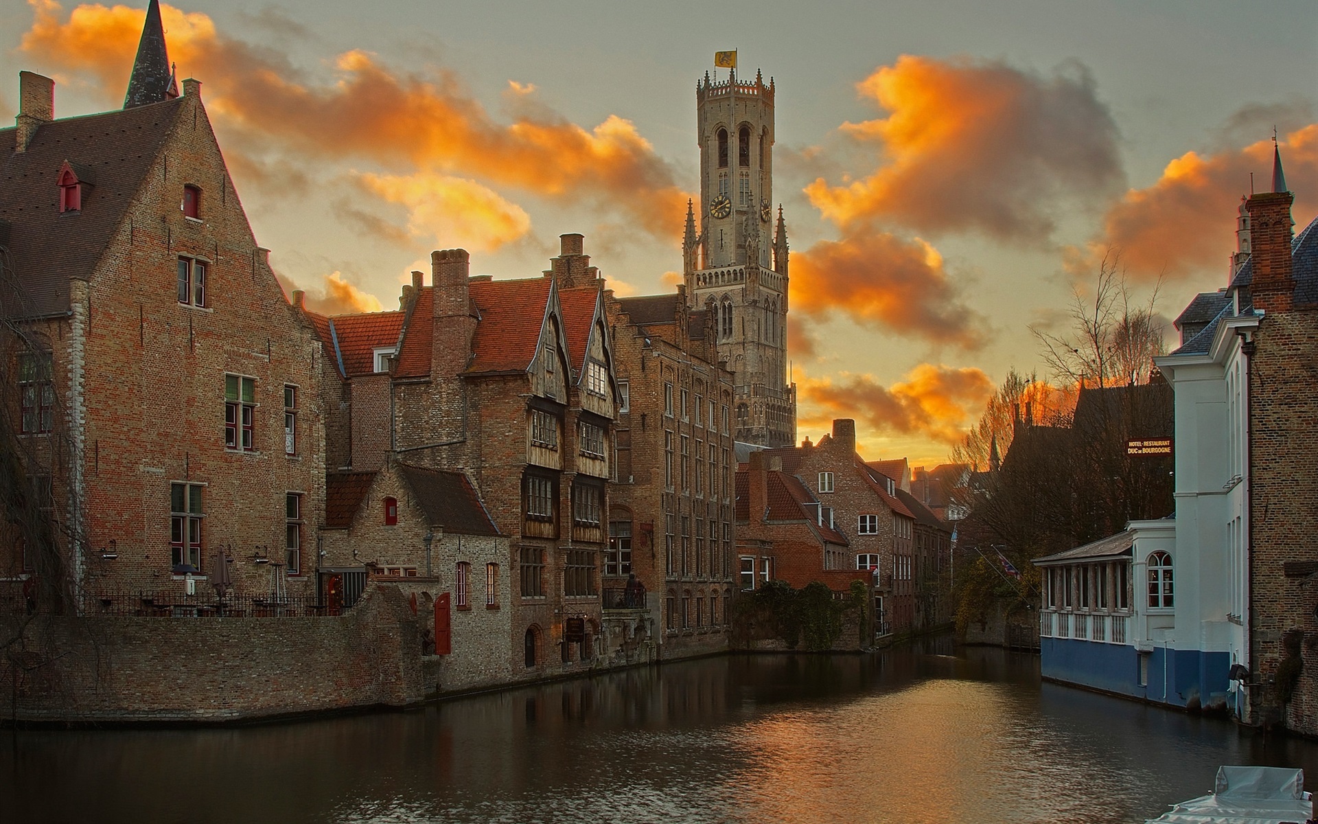 Wallpaper Bruges Belgium, River houses, Clouds dusk, 1920x1200 HD Desktop