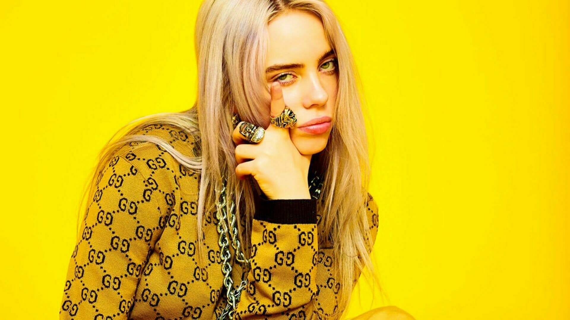 Billie Eilish yellow wallpapers, High-definition 4K, Desktop and phone screensavers, Vibrant visuals, 1920x1080 Full HD Desktop