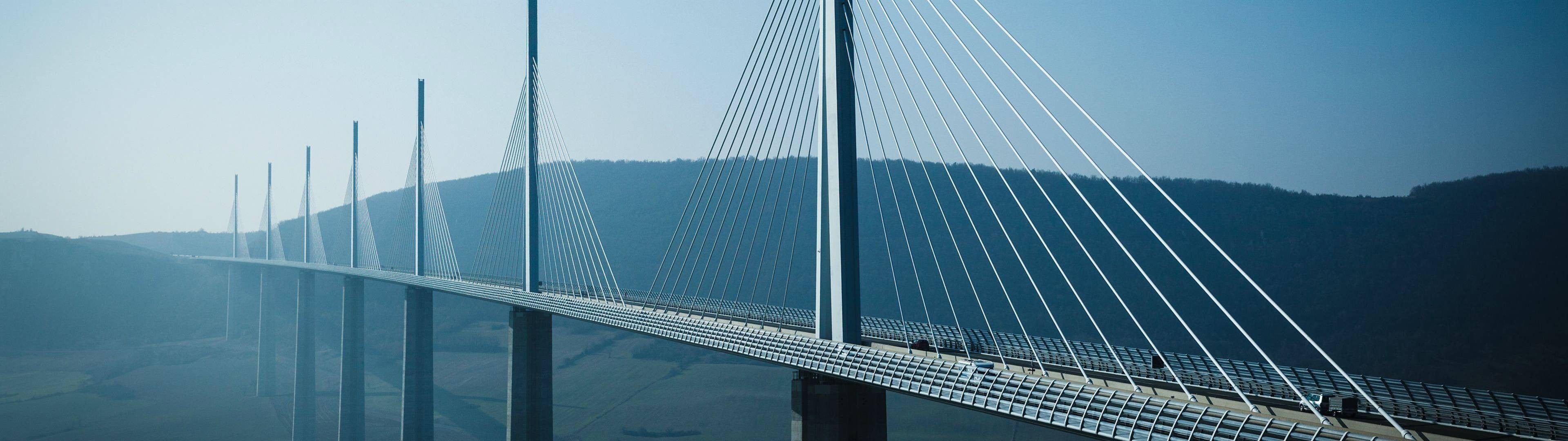 Millau Bridge, French masterpiece, Dual screen wallpaper, Concrete marvel, 3840x1080 Dual Screen Desktop