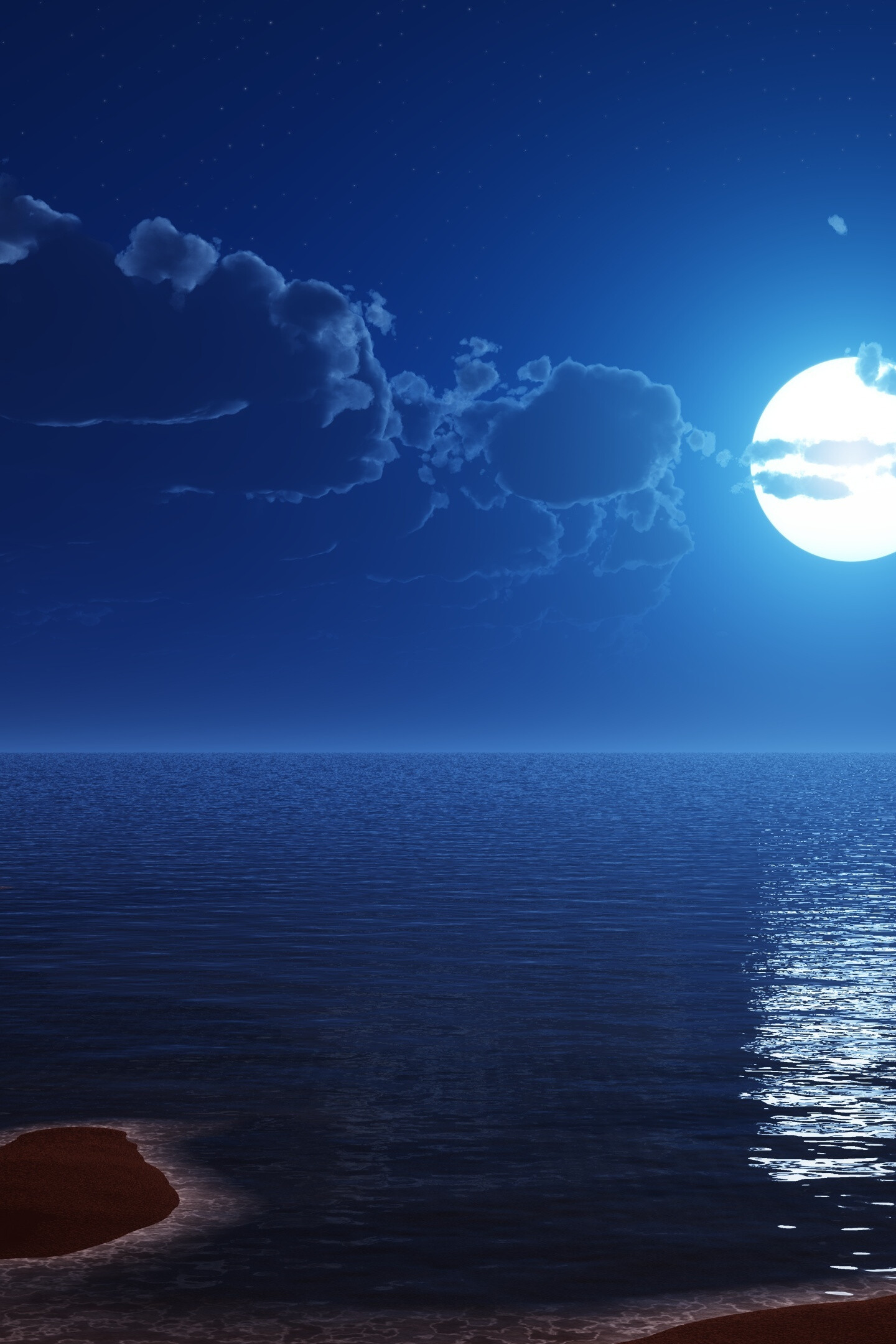 Moonlight, Tropical beach serenity, Full moon night sky, Scenic digital art, 1440x2160 HD Phone