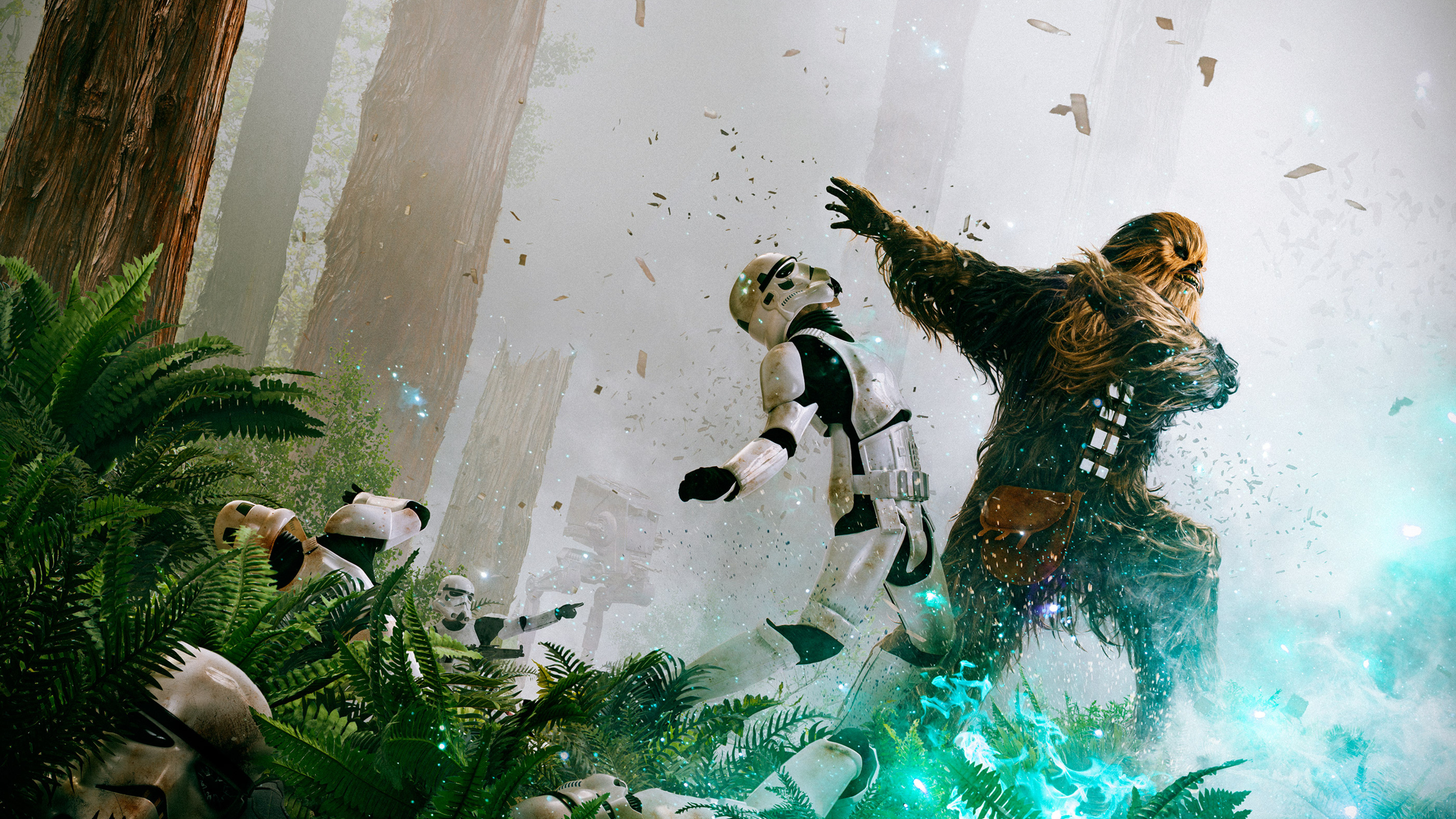 Chewbacca, Stormtrooper showdown, Epic Star Wars duel, Intense action, 3840x2160 4K Desktop