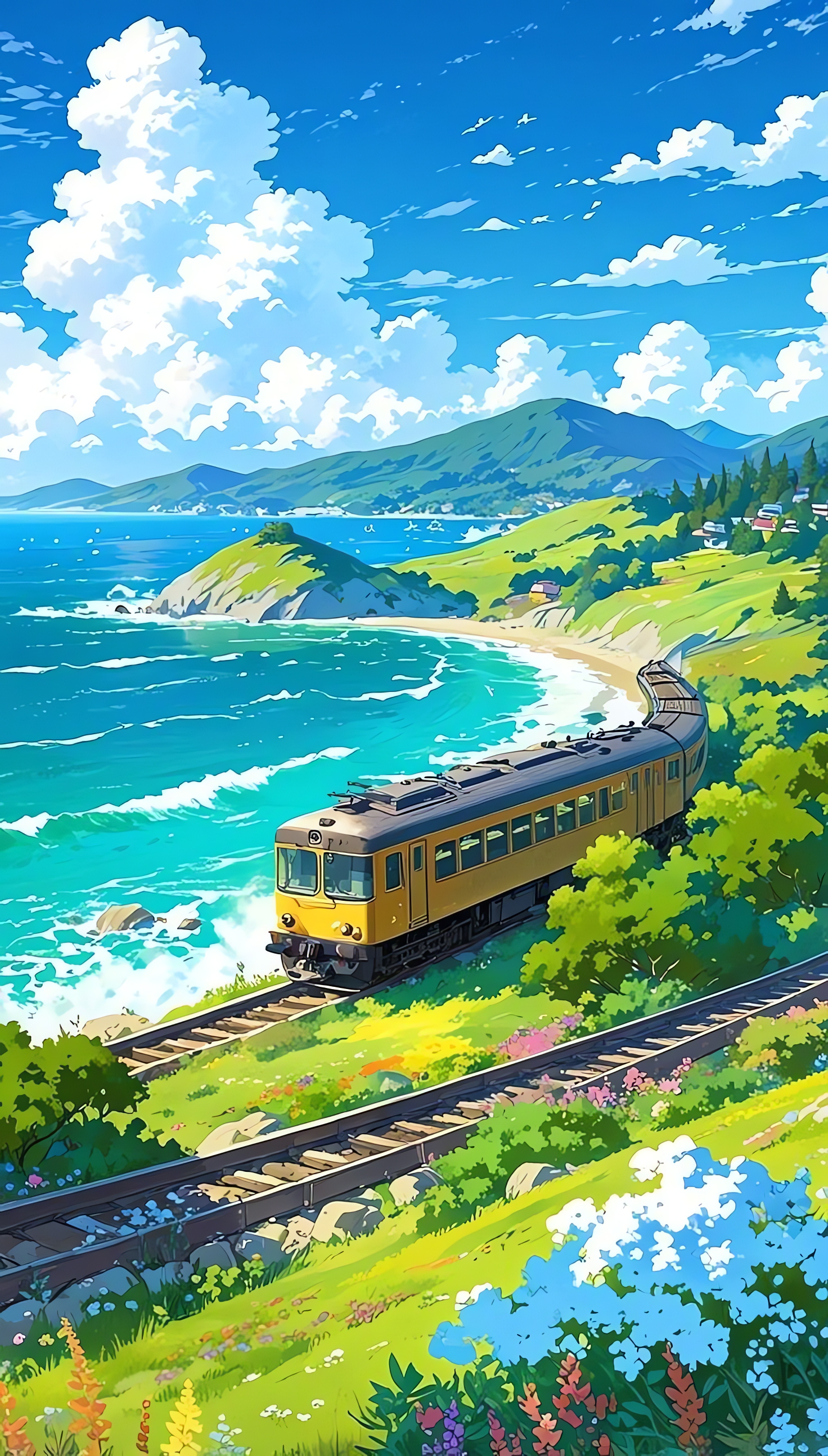 Train, Cartoon Railway, HD Sea Landscape, AI Wallpaper