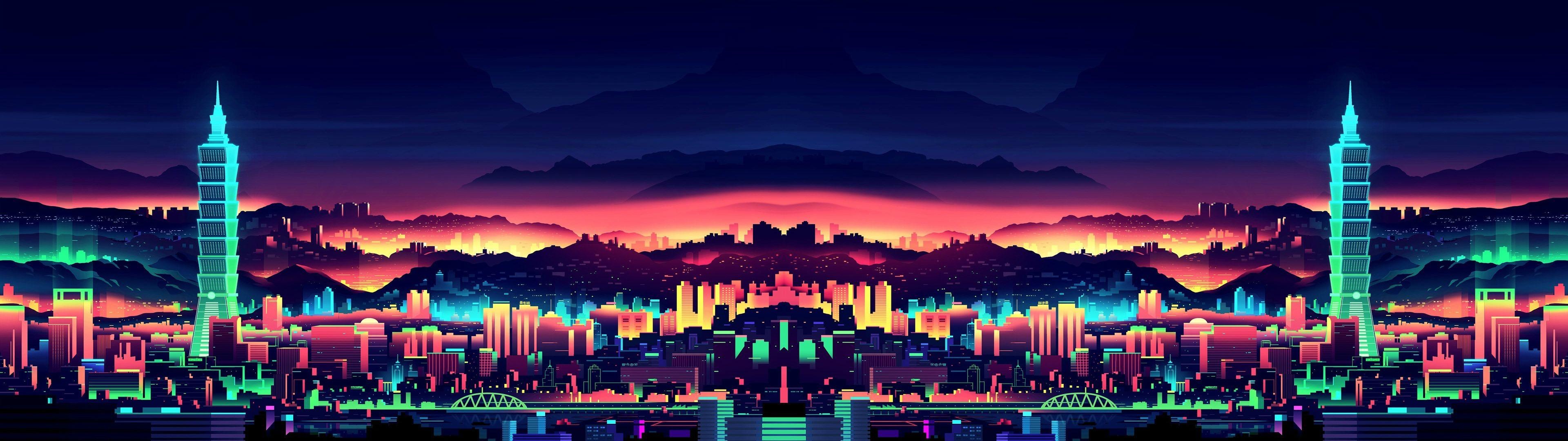 Neon skyline, Desktop wallpapers, 3840x1080 Dual Screen Desktop