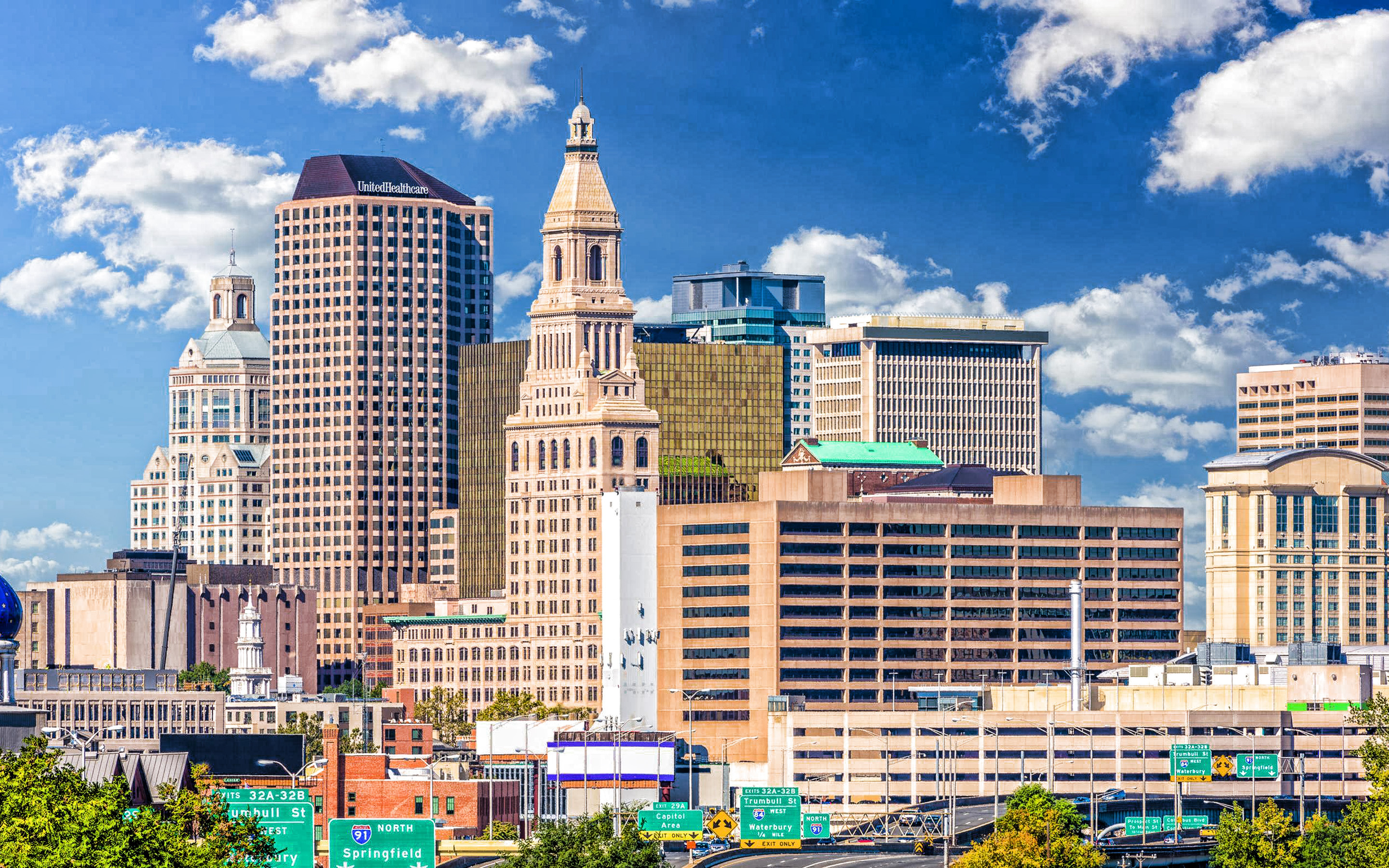 Hartford Skyline, Evening view, Travelers tower, City place, 2880x1800 HD Desktop