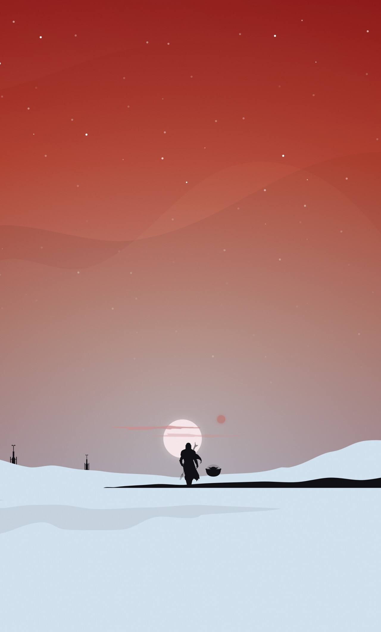 Minimal Star Wars, Mandalorian silhouette, Sunset landscape, 1280x2120 HD Phone