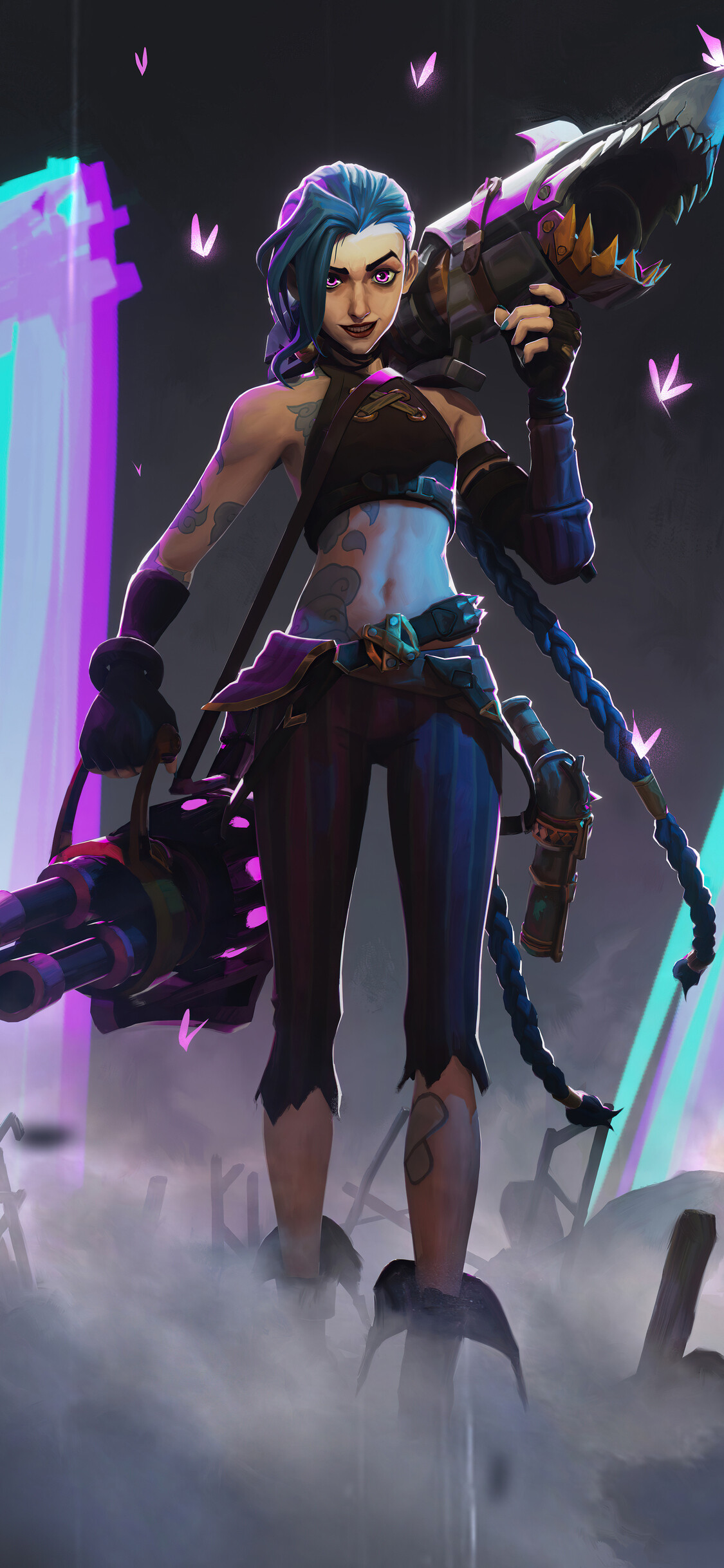 League of Legends, Jinx with weapons, iPhone wallpapers, 1130x2440 HD Phone