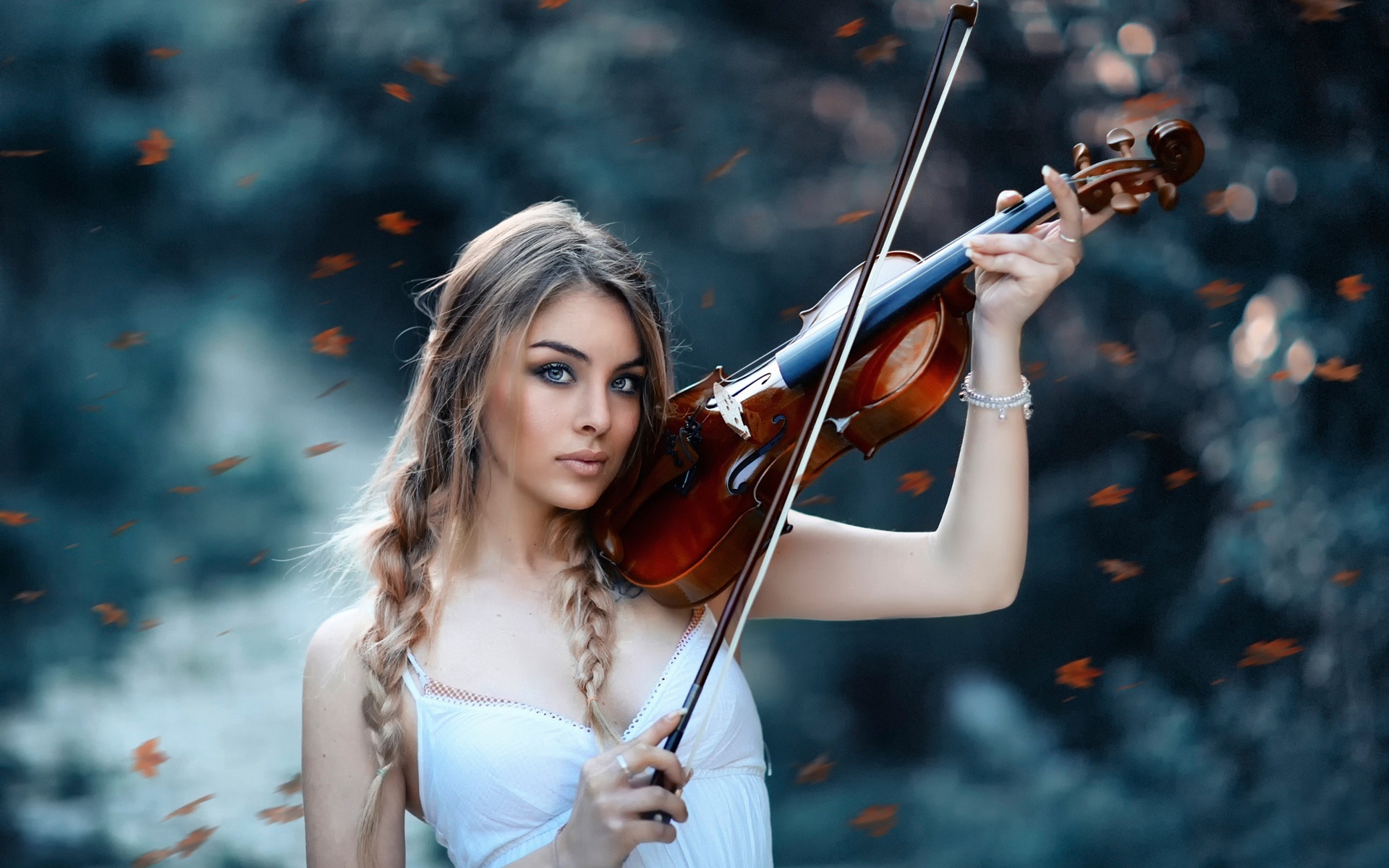 Autumn symphony girl, Serene melodies, Nature's orchestra, Musical beauty, 1920x1200 HD Desktop