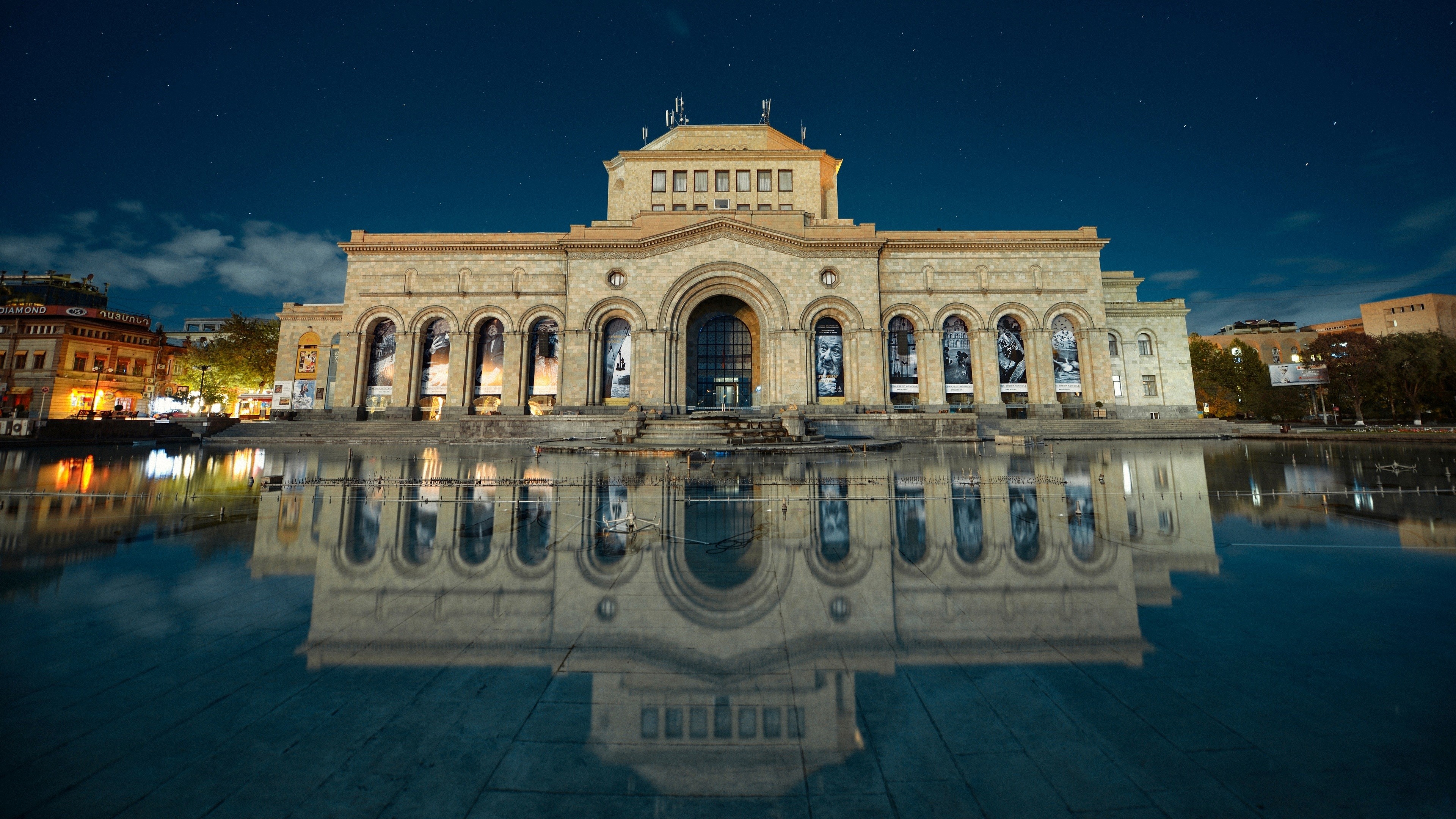 Yerevan cityscape, Night view, Landmark reflection, Tourist attraction, 3840x2160 4K Desktop