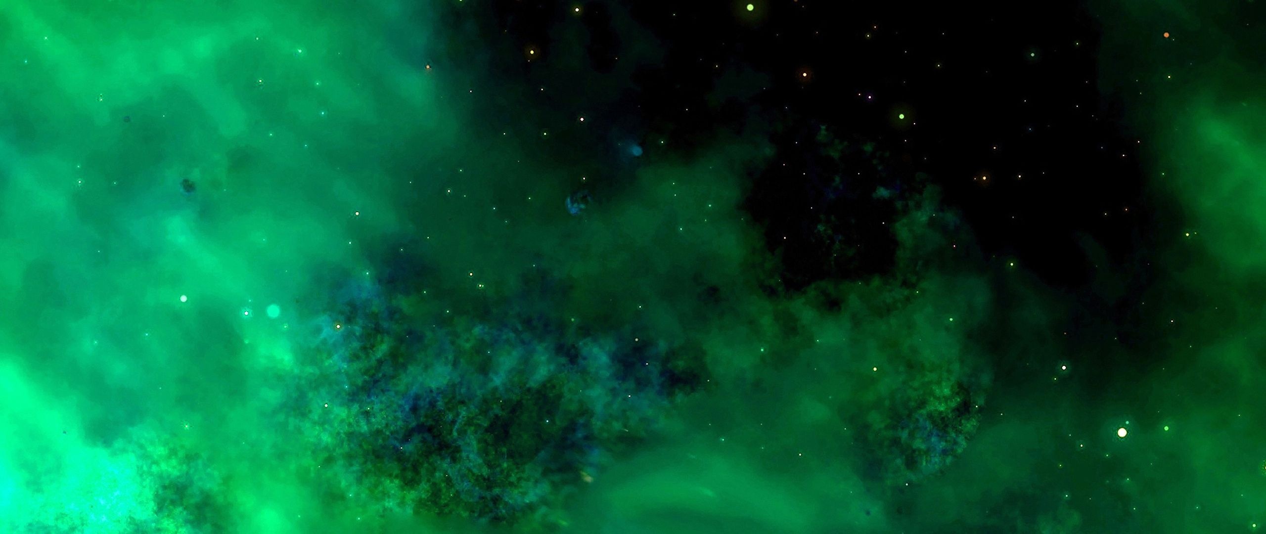 Green Nebula, Galactic vibrance, Celestial kaleidoscope, Cosmic fascination, 2560x1080 Dual Screen Desktop