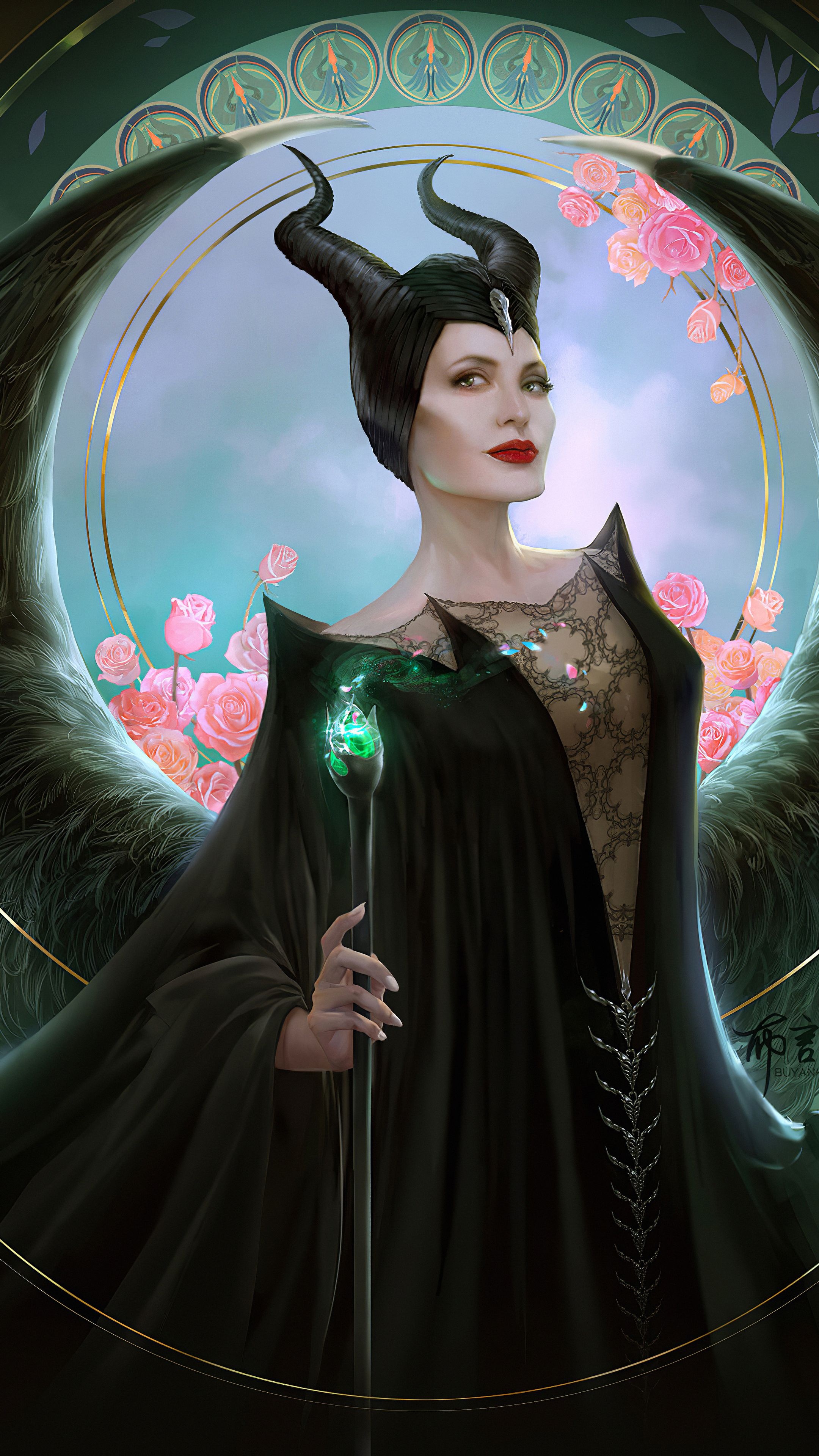 Angelina Jolie, Maleficent art, Disney princess tattoo, Movie art, 2160x3840 4K Phone