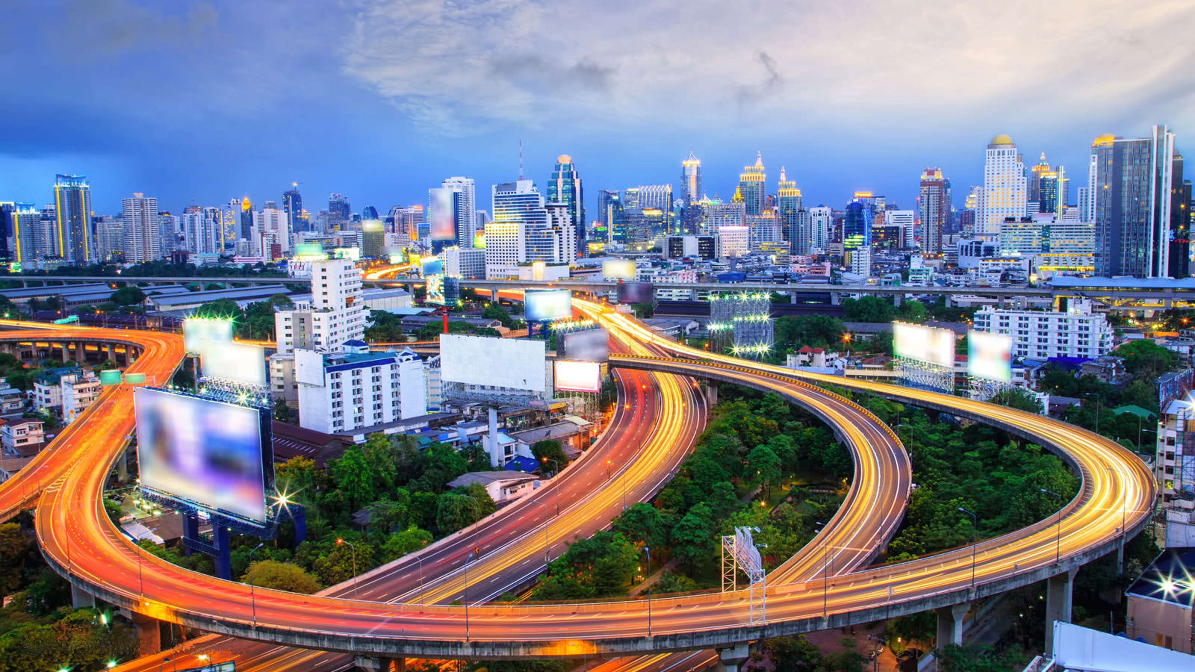 Bangkok, Vibrant city lights, Urban highway bridge, Nighttime beauty, 3840x2160 4K Desktop