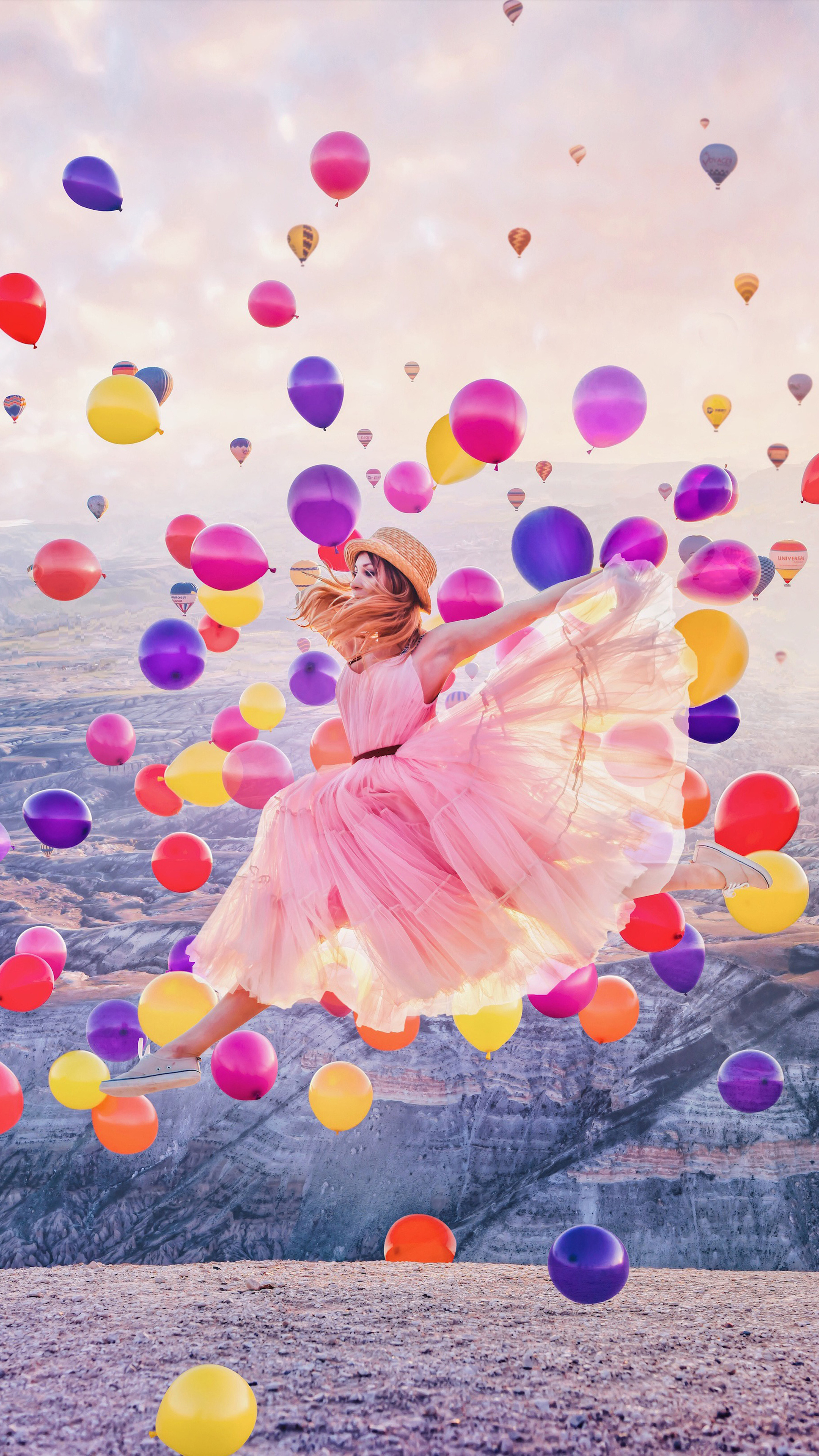 Jumping, Girl joy, Balloon celebration, Happy moments, 2160x3840 4K Phone