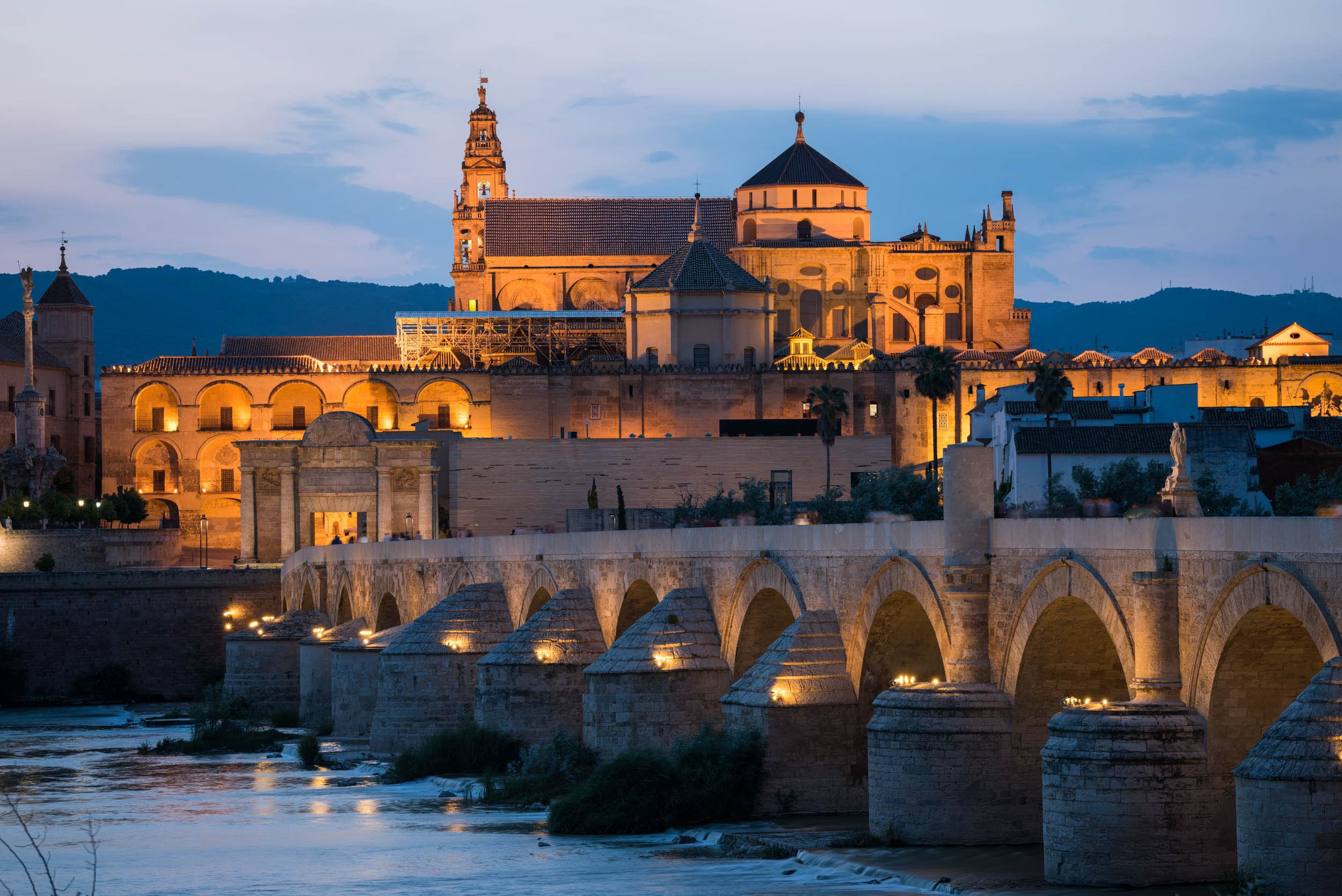 Great Mosque of Cordoba, Cathedral mosque architecture, Twilight night, Bridge city, 2500x1670 HD Desktop