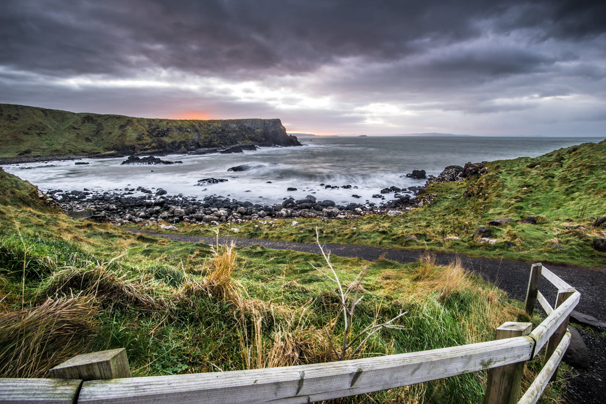 Northern Ireland, Green grass field, Antrim, Body of water, 2050x1370 HD Desktop