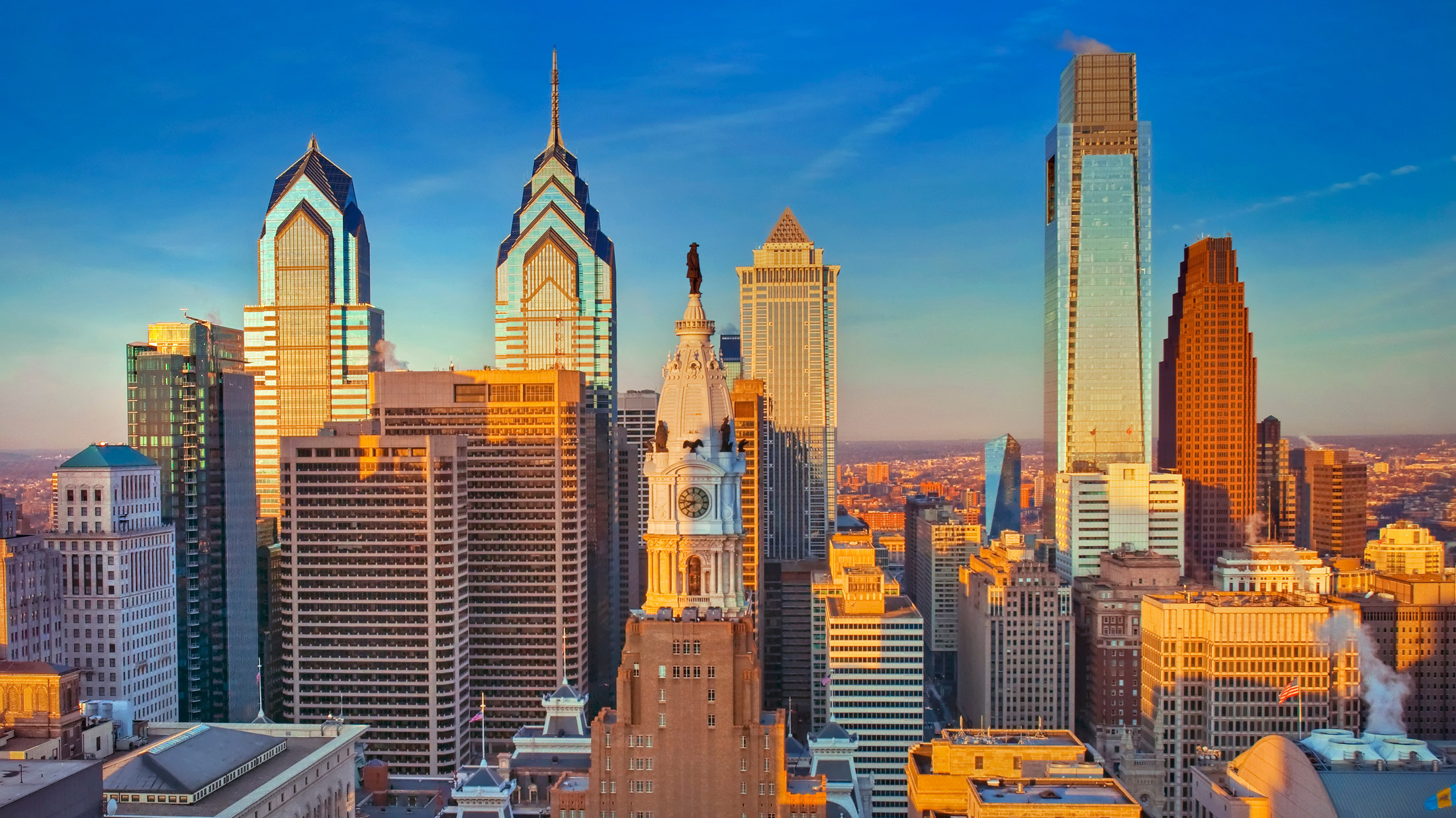 Philly Skyline, Blue sky, B Krist VP, Mercy Neighbors, 2200x1240 HD Desktop