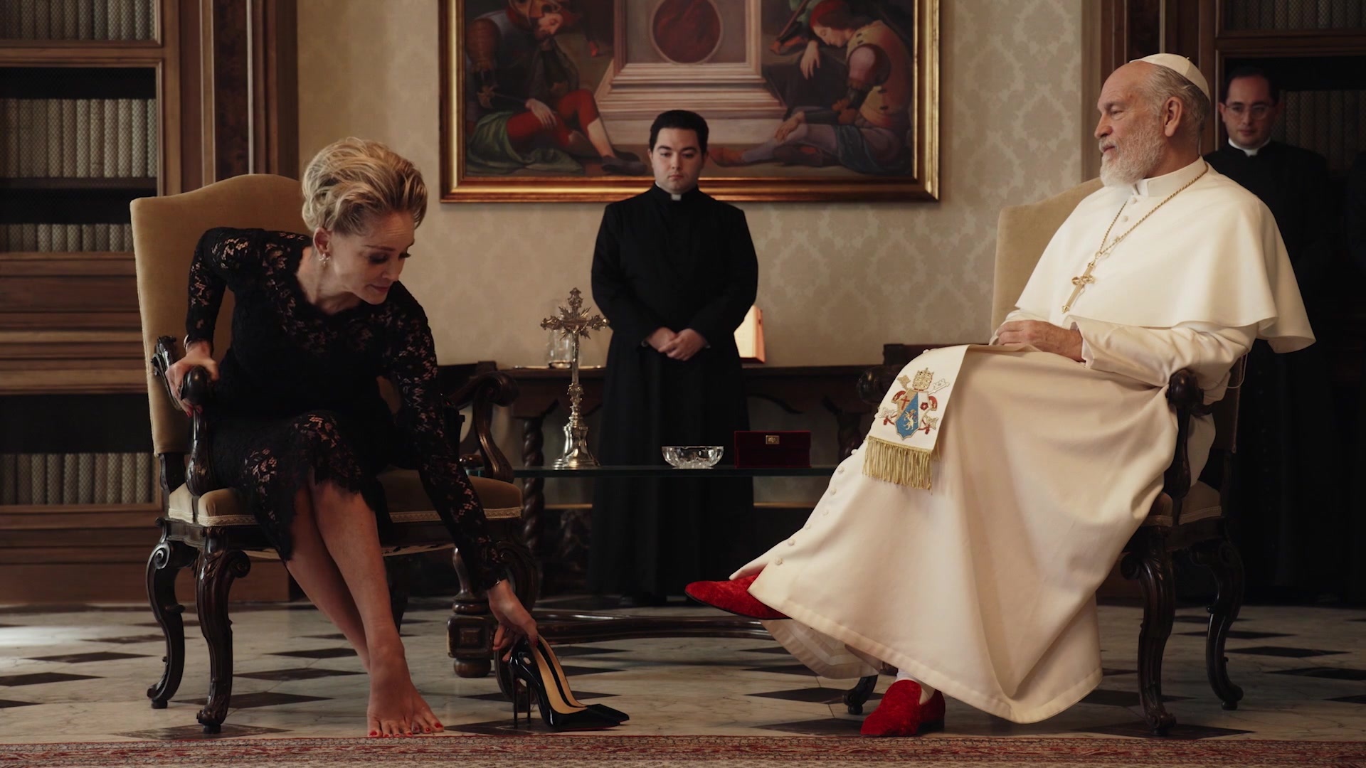 Sharon Stone, Christian Louboutin shoe, Celebrity fashion, New Pope series, 1920x1080 Full HD Desktop