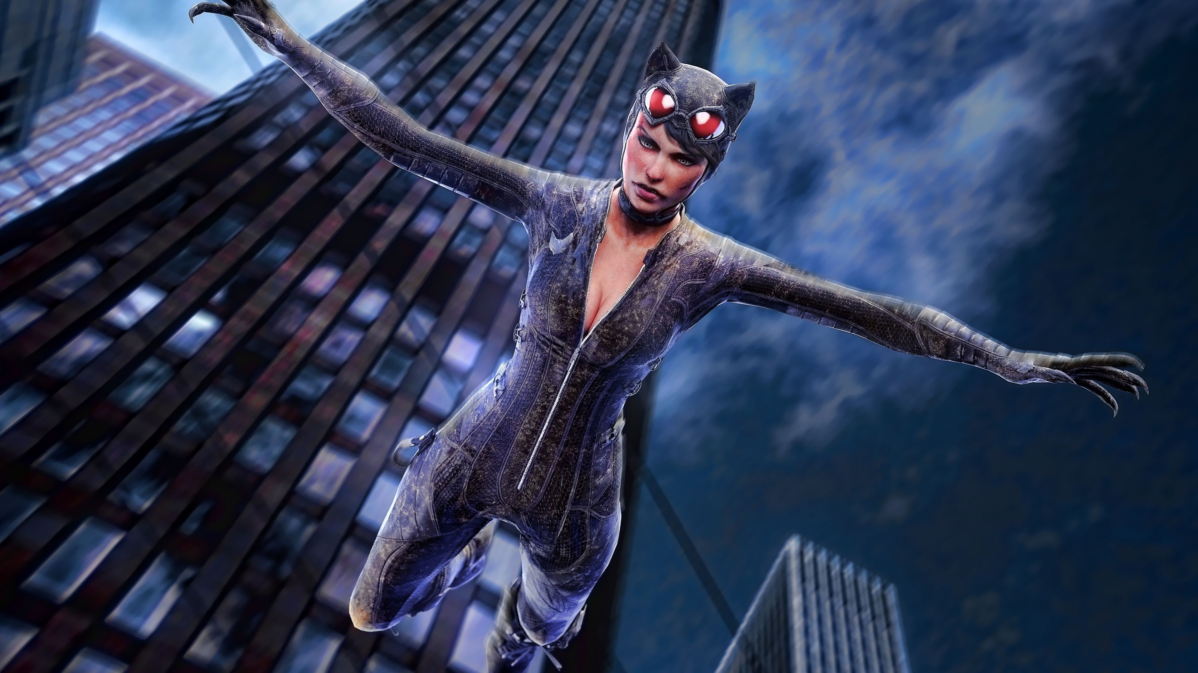 Catwoman, Jumping out of building, Artwork, Supervillain, 3840x2160 4K Desktop