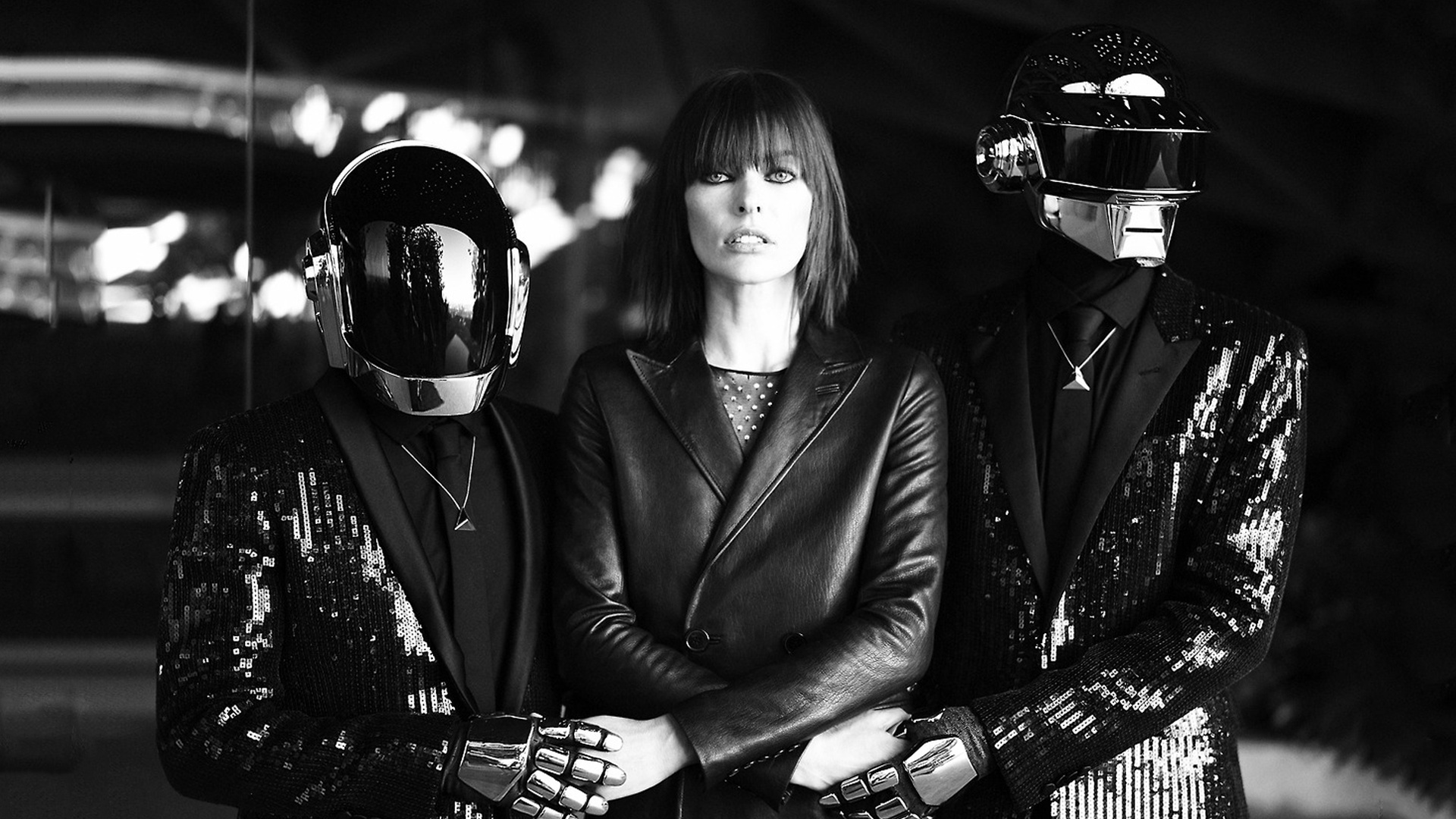 Daft Punk, Milla Jovovich, Daft Punk inspired art, Black and white, 1920x1080 Full HD Desktop