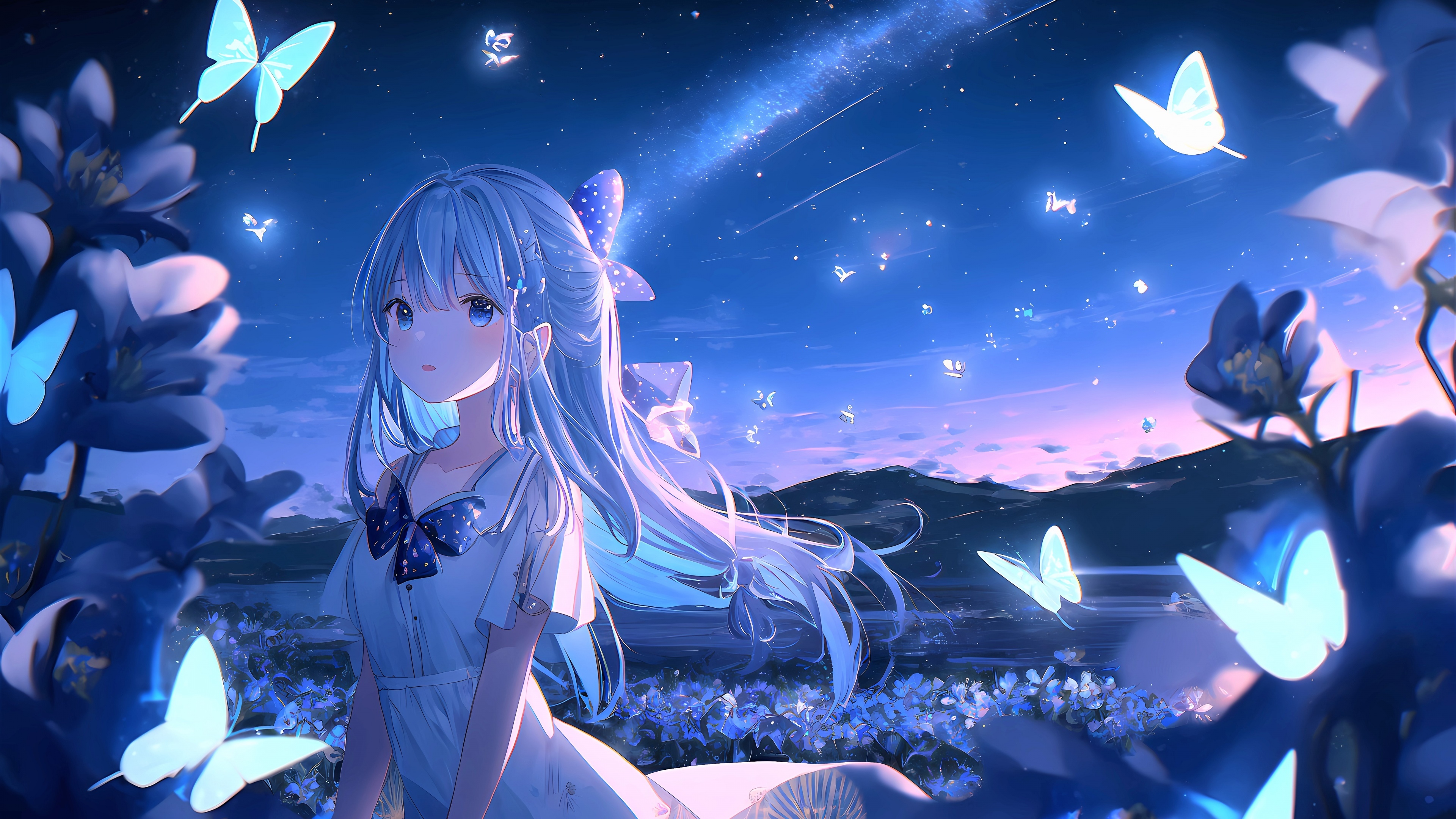 Anime Girl, Dreamy, Lonely, Butterflies, Whimsical, 3840x2160 4K Desktop