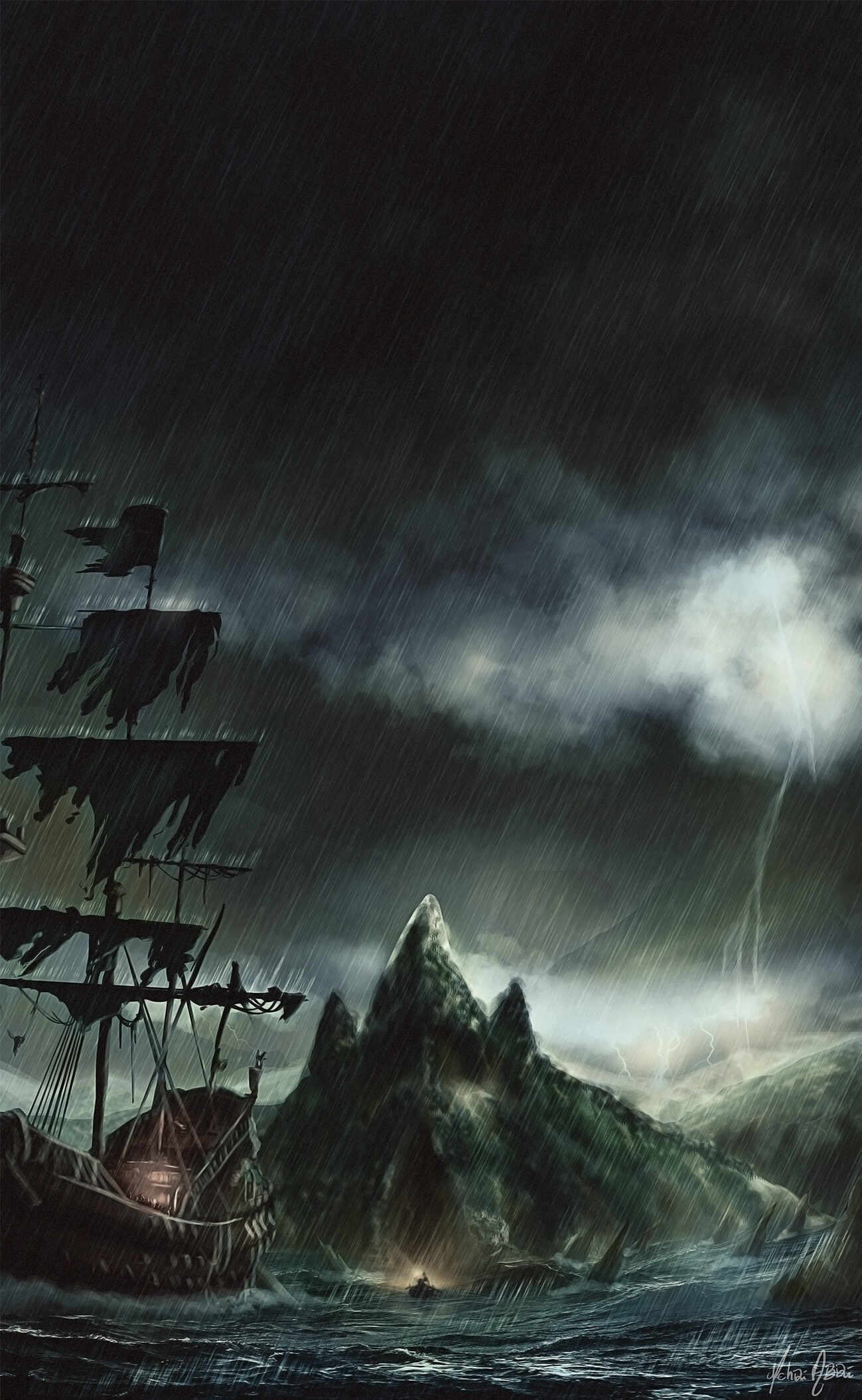 Ghost Ship, Mehdi Abdi artwork, Long John Silver, Enigmatic ship, 1300x2110 HD Phone