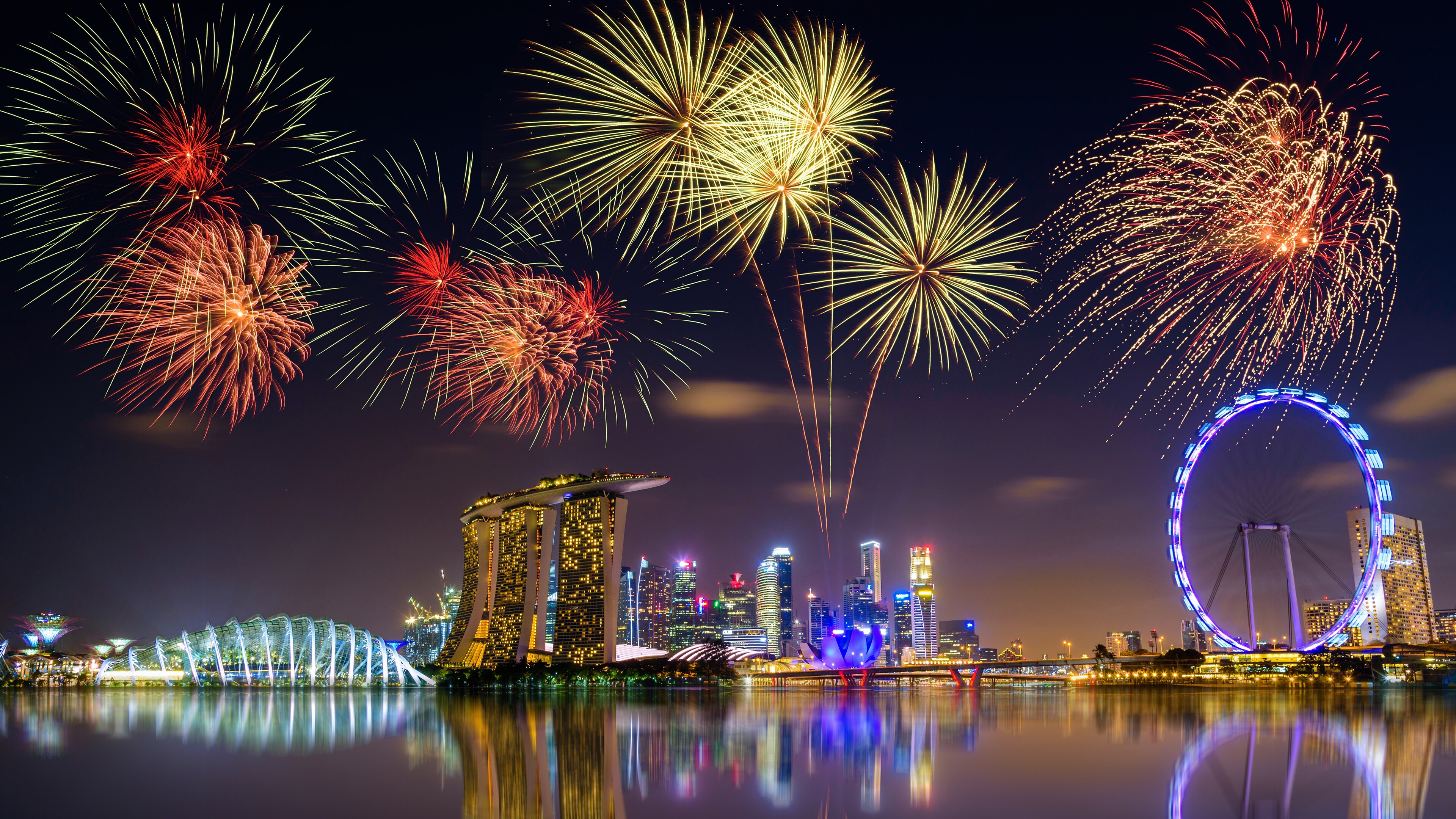 Singapore Marina Bay Sands, Ultra HD wallpaper, Captivating fireworks, Stunning background, 3840x2160 4K Desktop