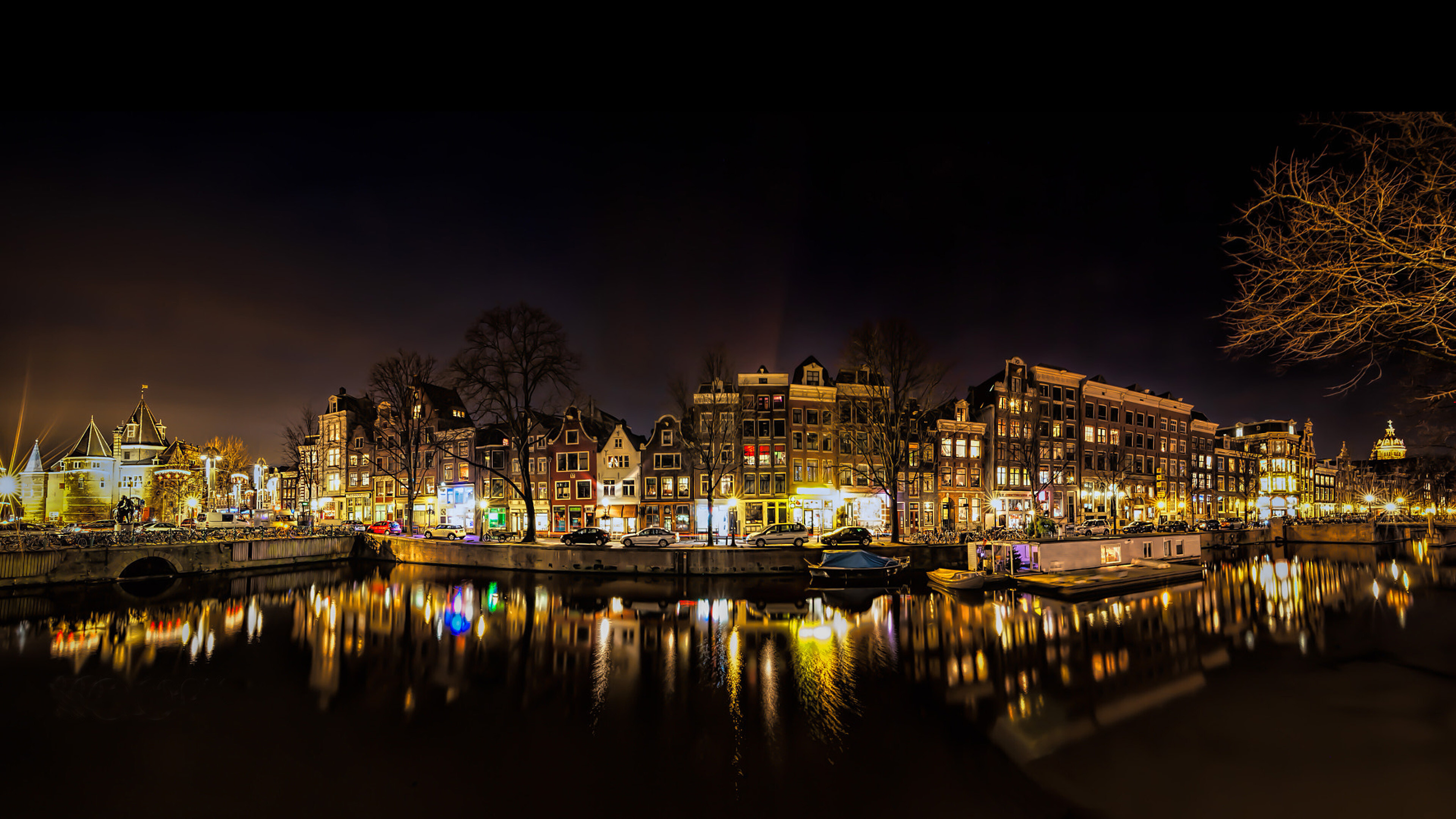 Amsterdam canal night, Amstel River, European charm, Ultra HD desktop wallpapers, 3840x2160 4K Desktop