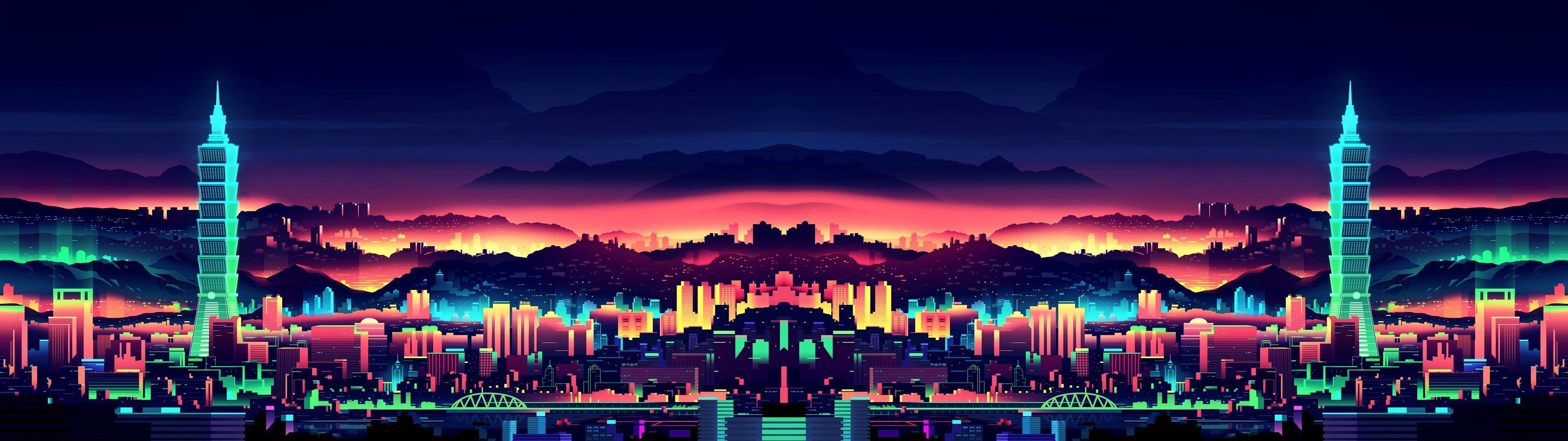 Neon city, Dual Monitor Wallpaper, 3840x1080 Dual Screen Desktop