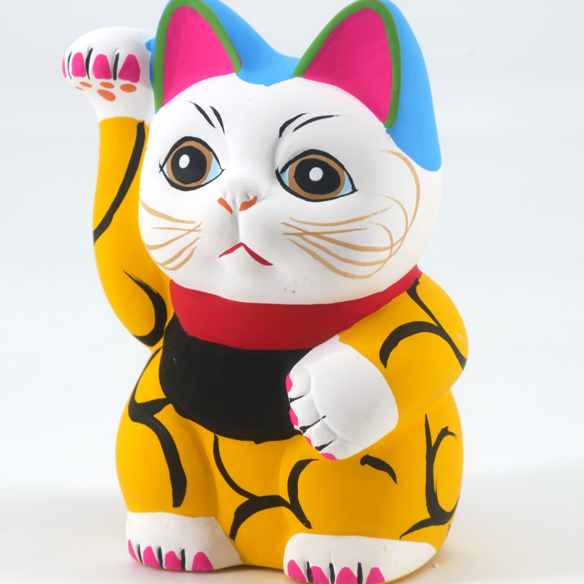 Japanese Lucky Cat, Maneki neko, Yellow and arabesques, Lucky cat, 2000x2000 HD Phone