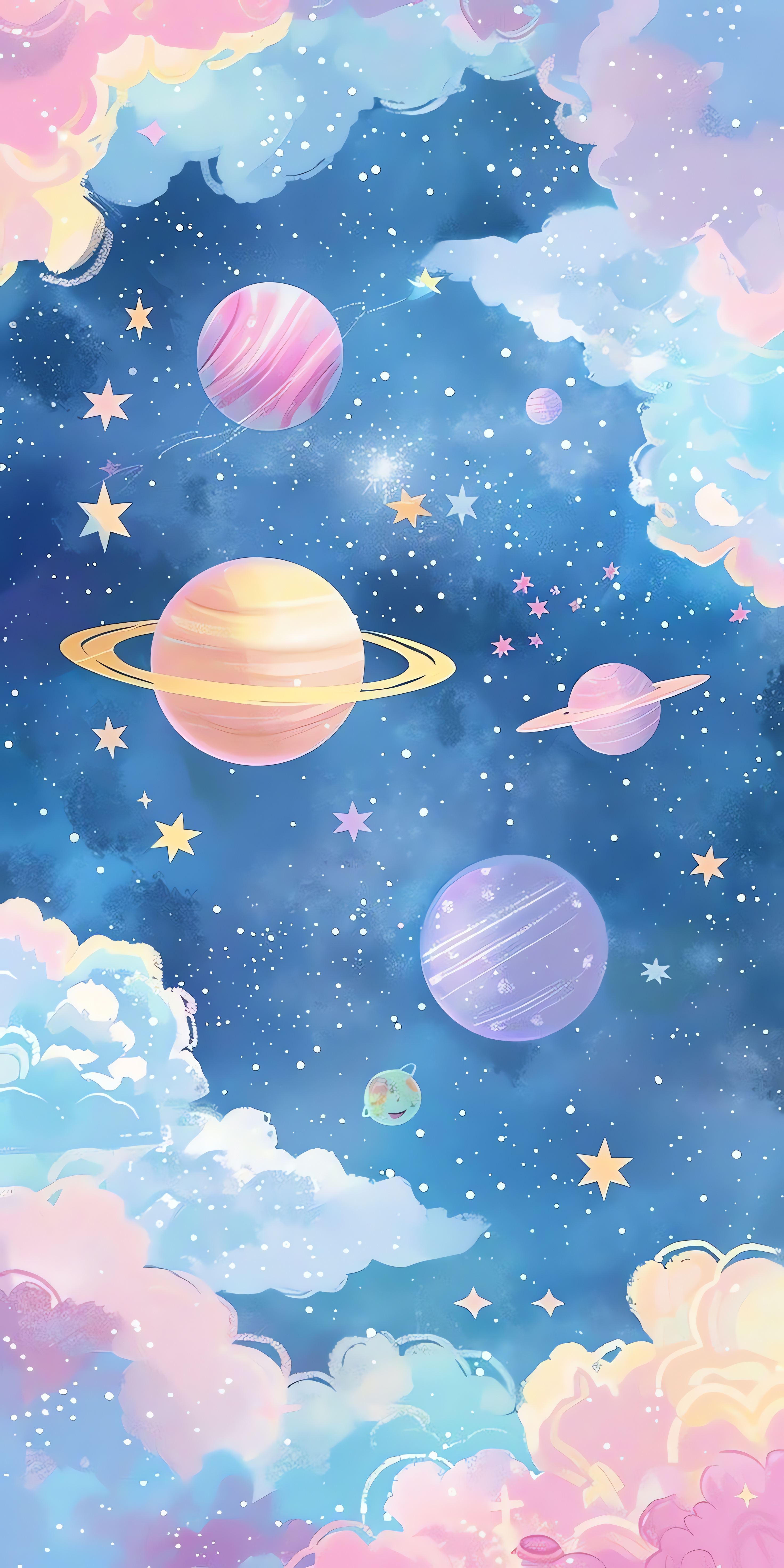 Planets And Stars In Clouds, Cosmos, Pastel colors, Night Sky Phone Wallpaper