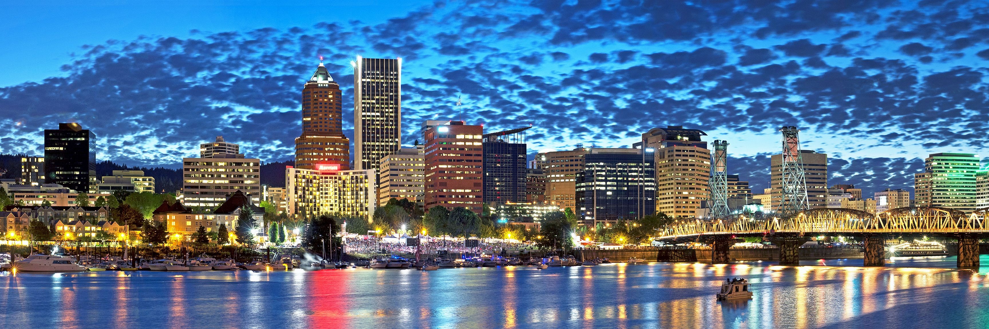 Portland Oregon Skyline, Blues festival city, Waterfront charm, Pacific Northwest, 3460x1160 Dual Screen Desktop