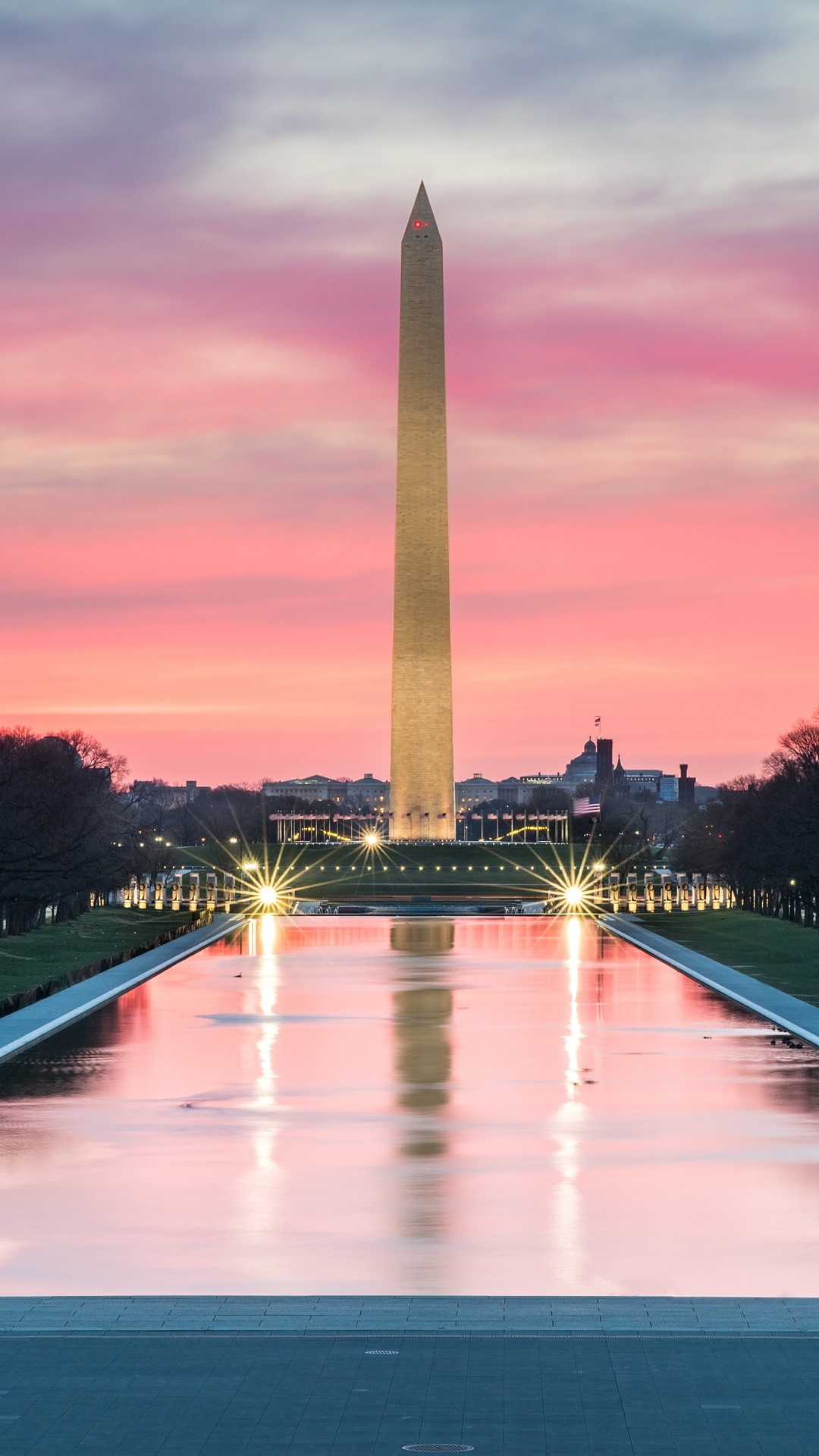 Sunrise silhouette, Reflecting pool, Presidential tribute, Architectural marvel, 1080x1920 Full HD Phone