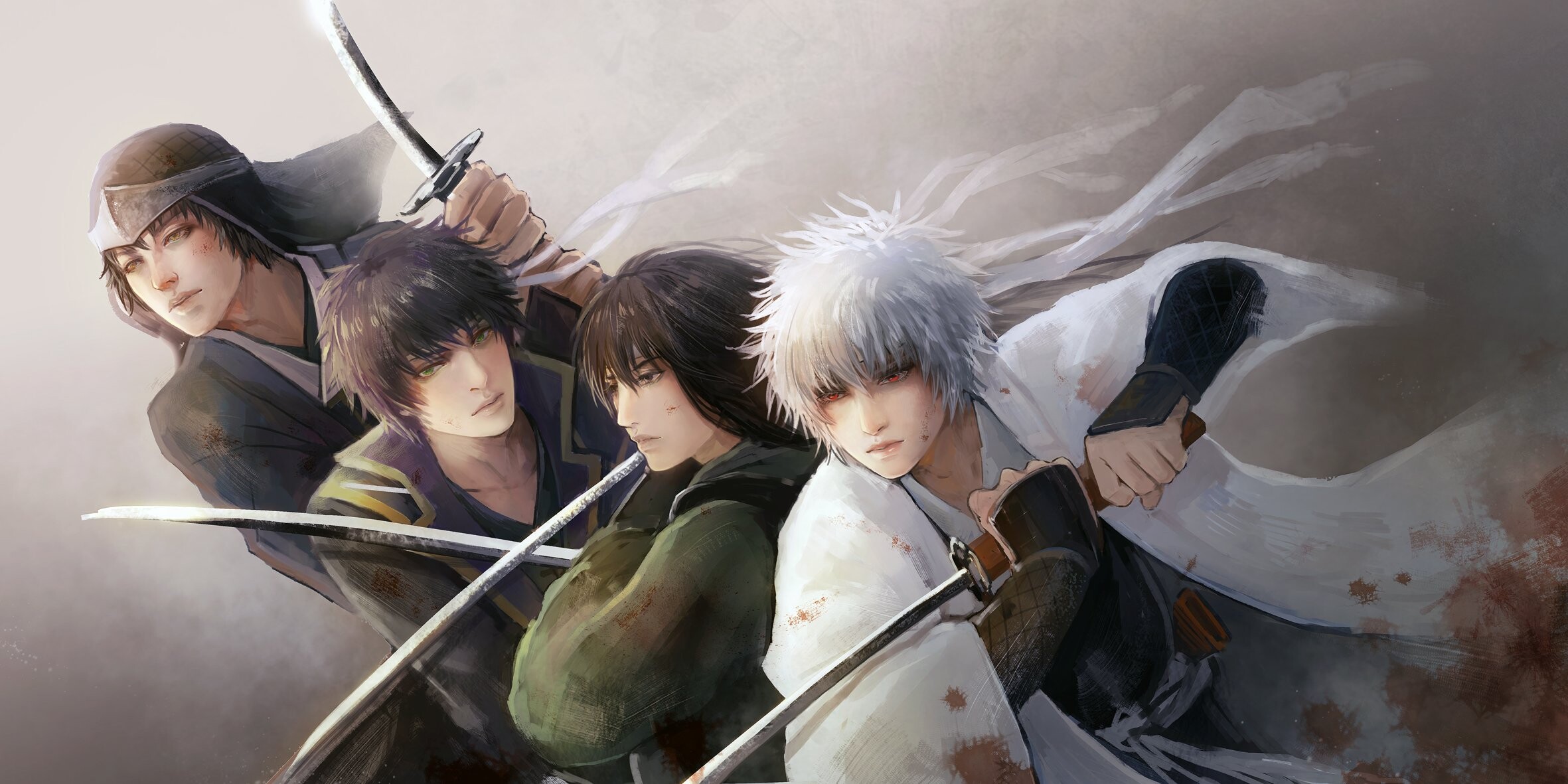 Gintama sword samurai, Gintoki Takasugi Shinsuke, Katsura Kotaro, Shiroyasha wallpaper, 2370x1190 Dual Screen Desktop