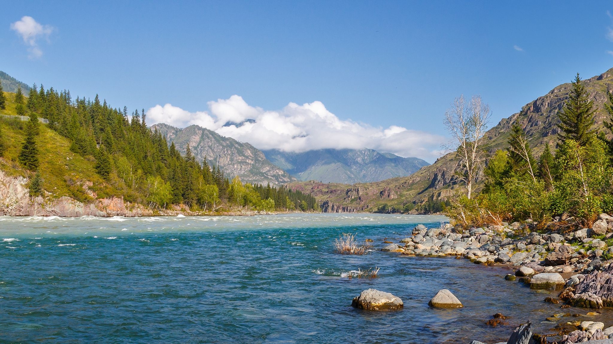 Altai Mountains, Katun River, Altai, Mountains, 2050x1160 HD Desktop