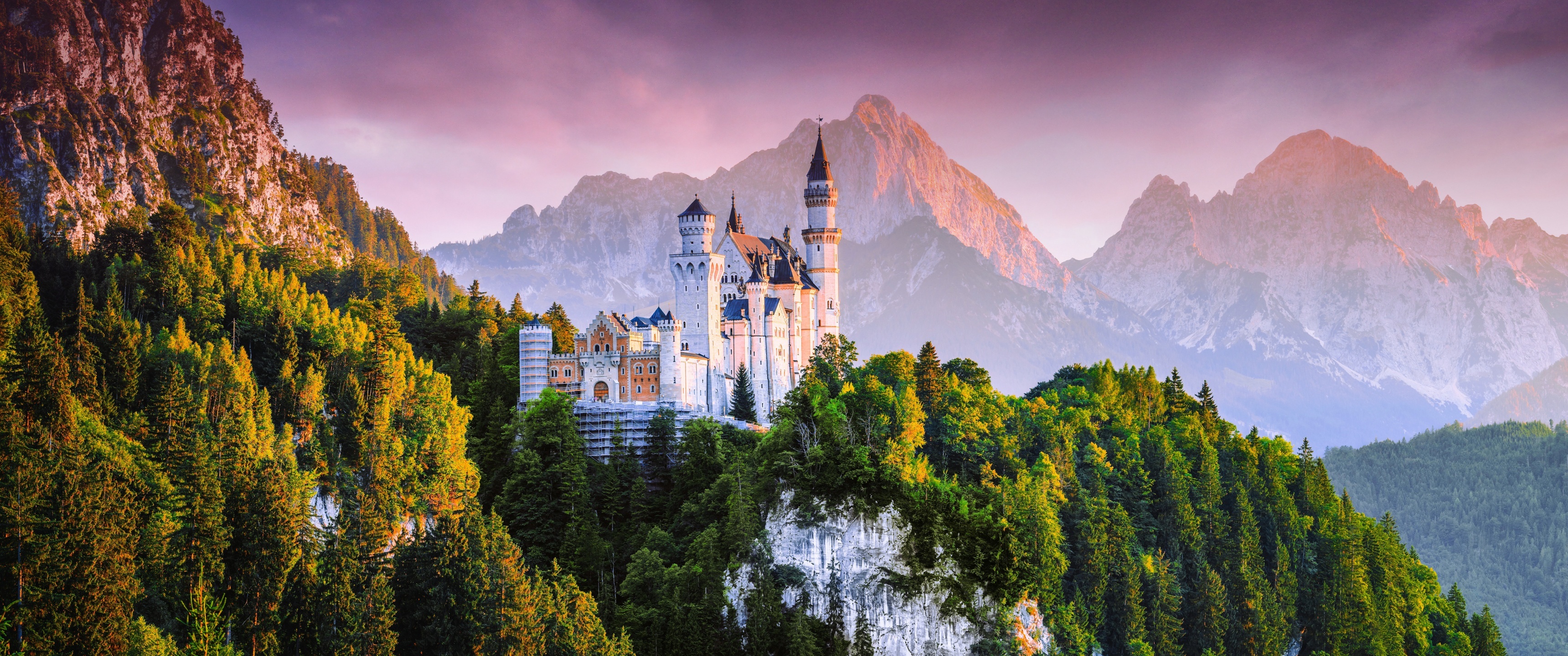 Neuschwanstein castle, German fairy tales, Ancient architectural marvels, Nature's beauty, 3440x1440 Dual Screen Desktop