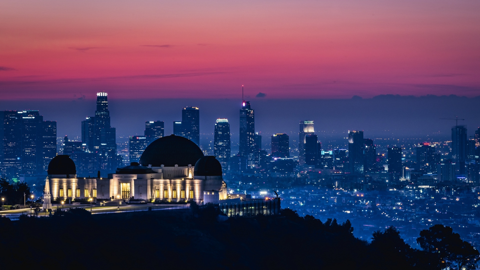 Griffith Observatory wallpaper, Sunrise, Pink sky, Dawn, 1920x1080 Full HD Desktop